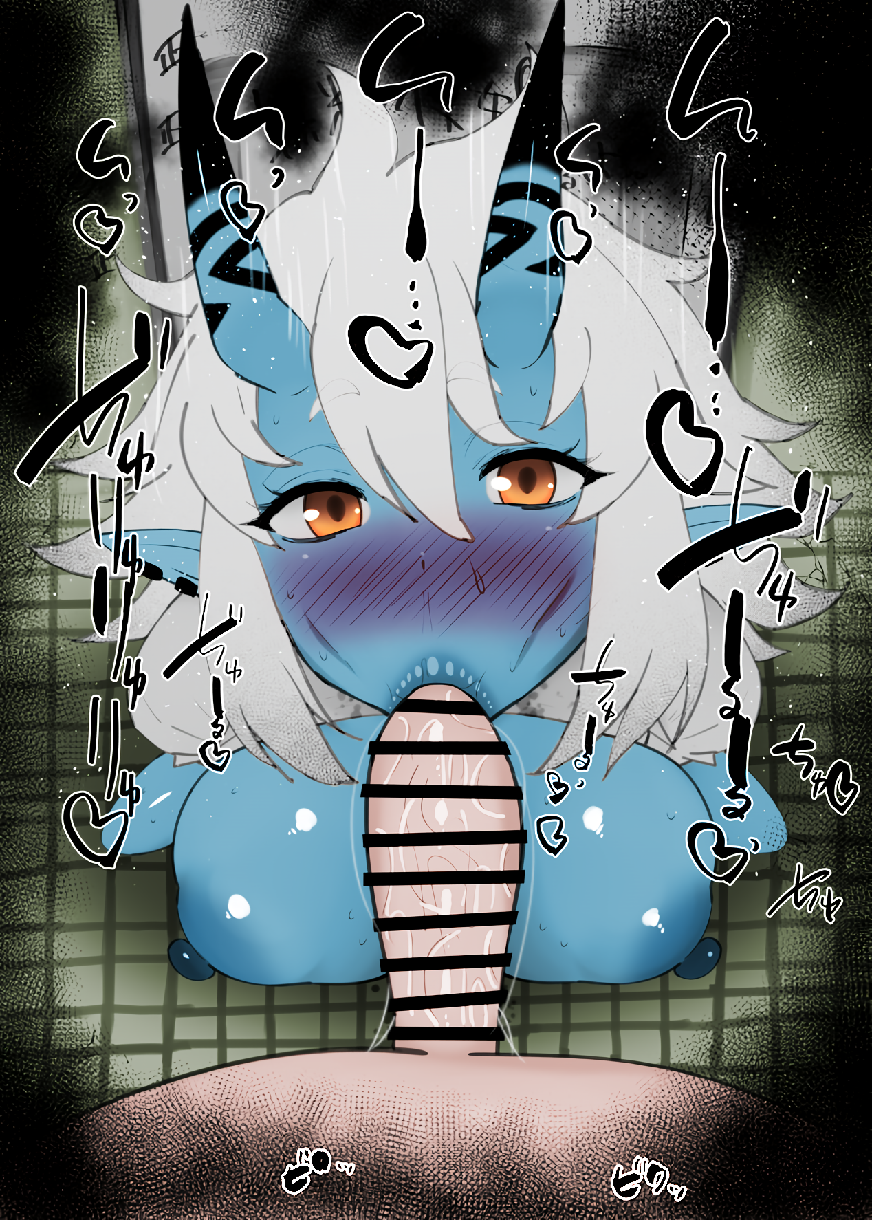 :>=, 1boy, 1girls, big breasts, breasts, censored, colored, colored skin, fellatio, female, horns, humanoid, interspecies, kurotama, light skin, light-skinned male, male, pointy ears, saliva, soukaku (zenless zone zero), squatting, zenless zone zero