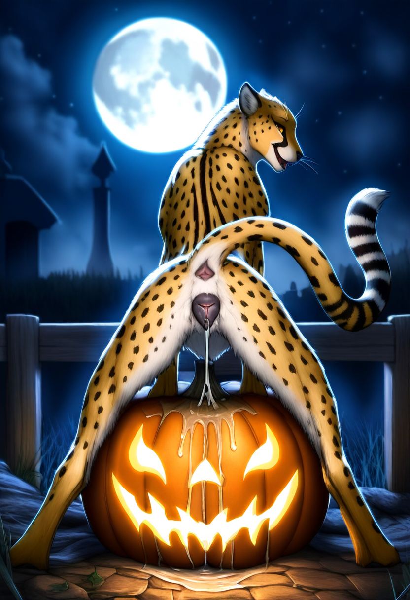 ai_generated anatomically_correct_genitalia anatomically_correct_pussy animal_ears anus_peek bats bedroom_eyes blush canine_genitalia canine_pussy cheetah cheetah_ears cheetah_tail cookie-girl ears_up excessive_pussy_juice fera_(oc) feral feral_only full_moon furry graveyard happy_female happy_sub in_heat jack-o'-lantern moon night_sky orange_fur paws presenting_anus presenting_ass presenting_butt presenting_hindquarters presenting_pussy pumpkin pussy_juice pussy_juice_drip pussy_juice_puddle smile submissive submissive_female submissive_pose tail