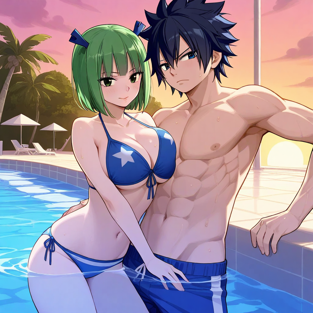 ai_generated big_breasts bikini brandish_mew couple fairy_tail gray_fullbuster green_hair pool strong