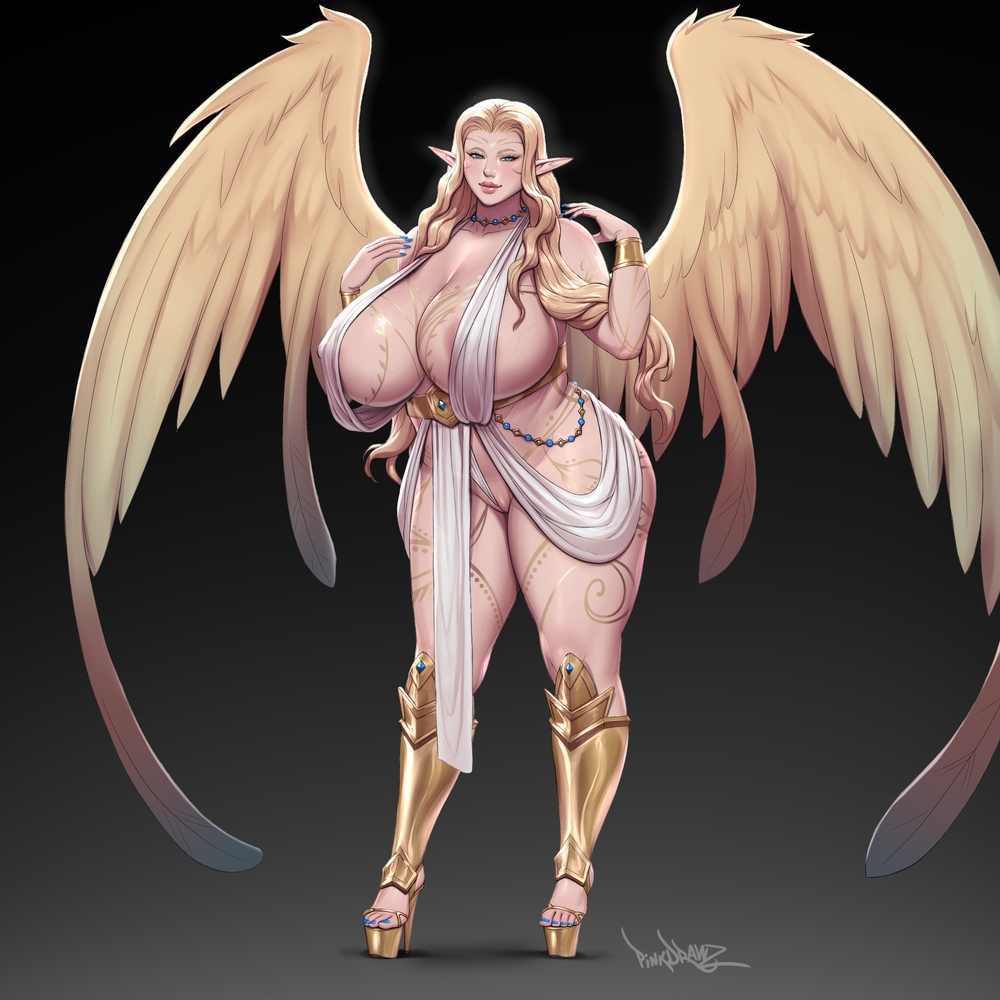 big breasts, blonde hair, breasts, female, huge breasts, pinkdrawz, voluptuous, wings