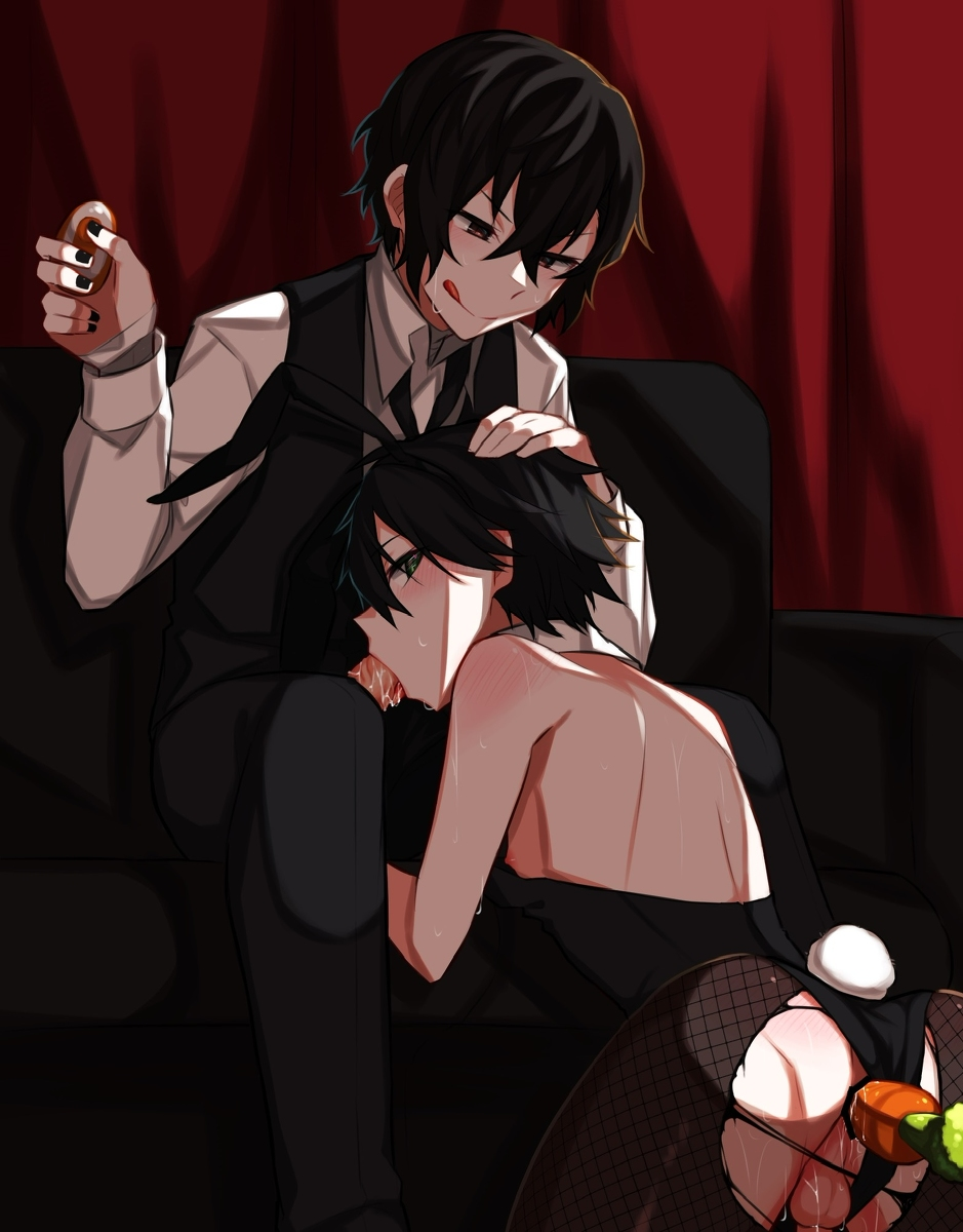 balls, blush, bungo stray dogs, bunny boy, bunny ears, bunny tail, carrot, dark hair, dazai osamu, fellatio, male, open eyes, oral, penis, penis in mouth, ranpo edogawa, suit, sweating, tagme, testicles