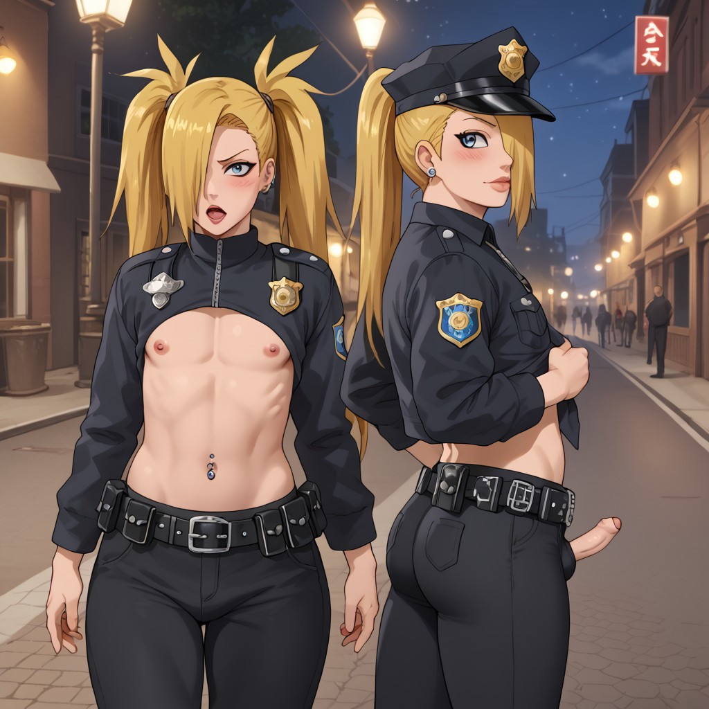 1boy ai_generated balls belly blonde_hair blue_eyes blush deidara femboy male nails_painted naruto naruto_(series) naruto_shippuden nipples police police_hat police_uniform sissy small_penis smaller_male street text tongue_out twintails yaoi