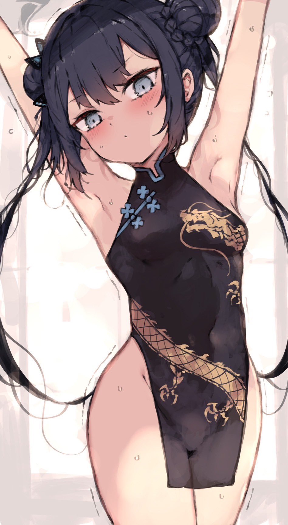 armpits arms_up bare_shoulders black_hair blue_archive chinese_clothes female kisaki_(blue_archive) long_hair petite petite_body petite_breasts petite_girl plastic_night_q simple_background small_breasts smaller_female solo solo_female stretching sweat sweatdrop sweating