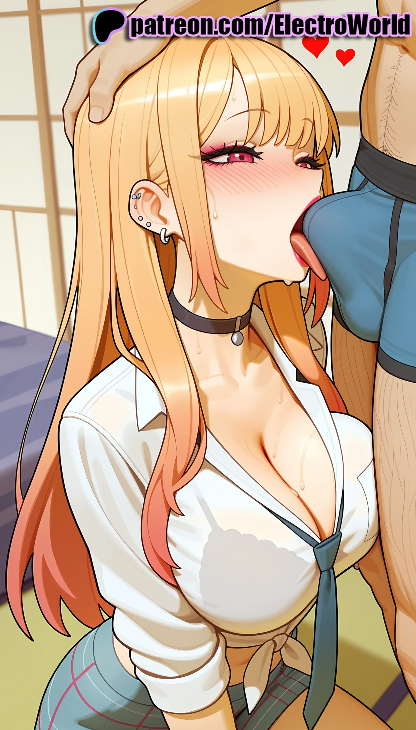1boy, 1girls, 2025, ai generated, artist name, big breasts, big chest, blowjob, blowjob face, blush, bra, breasts, bulge, bust, busty, chest, choker, cleavage, cock, dick, ear piercing, earrings, electroworld, erection under clothes, fellatio, fellatio through clothes, female, fishnets, hi res, high quality, high resolution, highres, jewelry, kitagawa marin, large breasts, licking, licking penis, long hair, male, oral, oral sex, patreon, patreon username, penis, piercing, plaid, see-through, sono bisque doll wa koi wo suru, stable diffusion, straight, sucking, tongue, tongue out, underwear, watermark, wet, wet clothes, wet shirt, white shirt