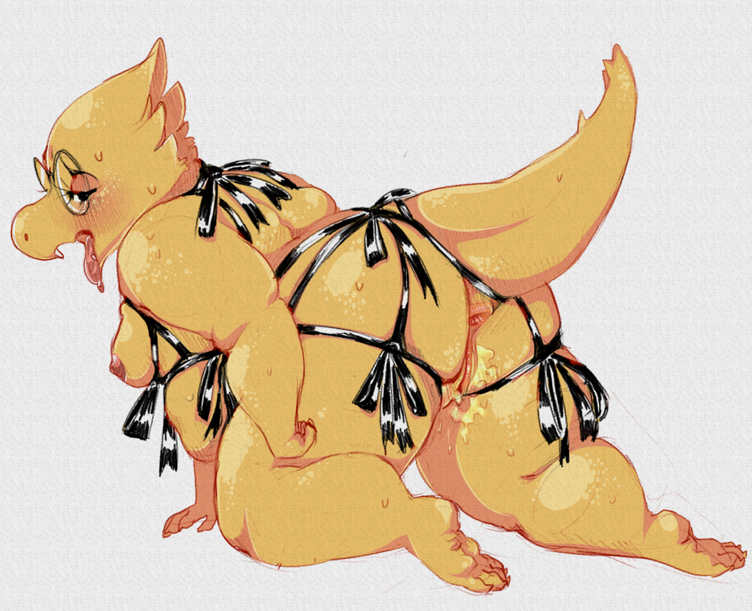 2016 all_fours alphys anthro anus ass barefoot belly big_butt big_thighs biped black_eyes bondage bound breasts butt_focus claws colored digital_media_(artwork) digital_painting_(artwork) dripping drooling erect_nipples eyelashes eyewear fangs feet female full-length_portrait glasses grey_background guide_lines half-closed_eyes hanging_breasts humanoid_feet humanoid_hands looking_back looking_pleasured mixed_media nipples non-mammal_breasts obese overweight overweight_female pencil_(artwork) portrait presenting presenting_hindquarters presenting_pussy pussy pussy_juice pussy_juice_drip raised_tail rear_view red_nipples red_tongue reptile ribbon_bondage ribbons saliva scales scalie sideboob simple_background small_breasts solo sunflowerbun sweat textured_background thick_tail toe_claws tongue tongue_out traditional_media_(artwork) undertale video_games wet yellow_anus yellow_pussy yellow_scales