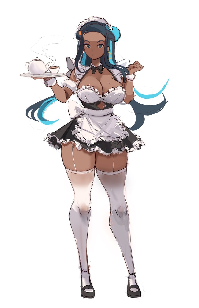 1girls cleavage large_breasts maid maid_uniform nessa_(pokemon) pokemon pokemon_ss rakeemspoon thick_thighs thighhighs