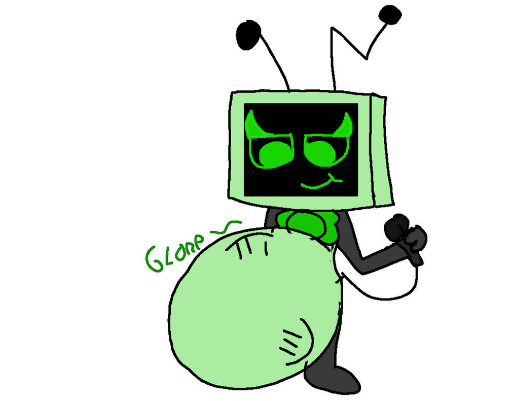 antennae_(anatomy) bow_collar dandy's_world deviantart female green_bow holding_own_tail holding_tail holding_tail_up solo_female tv_head vee_(dandy's_world) vore vore_belly white_background