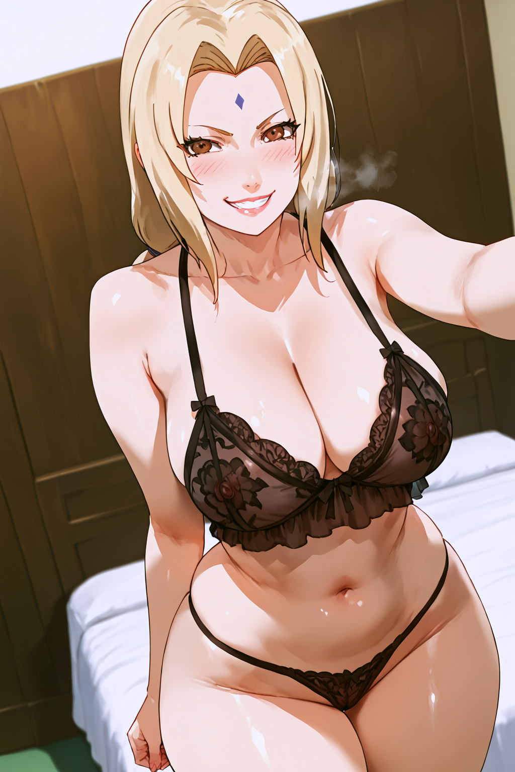 ai_generated bedroom blush breasts cute_face heavy_breathing huge_breasts indoors lingerie lips milf naruto naruto_(series) naruto_shippuden night panties selfie shiny_skin smirk steam thick_thighs tsunade