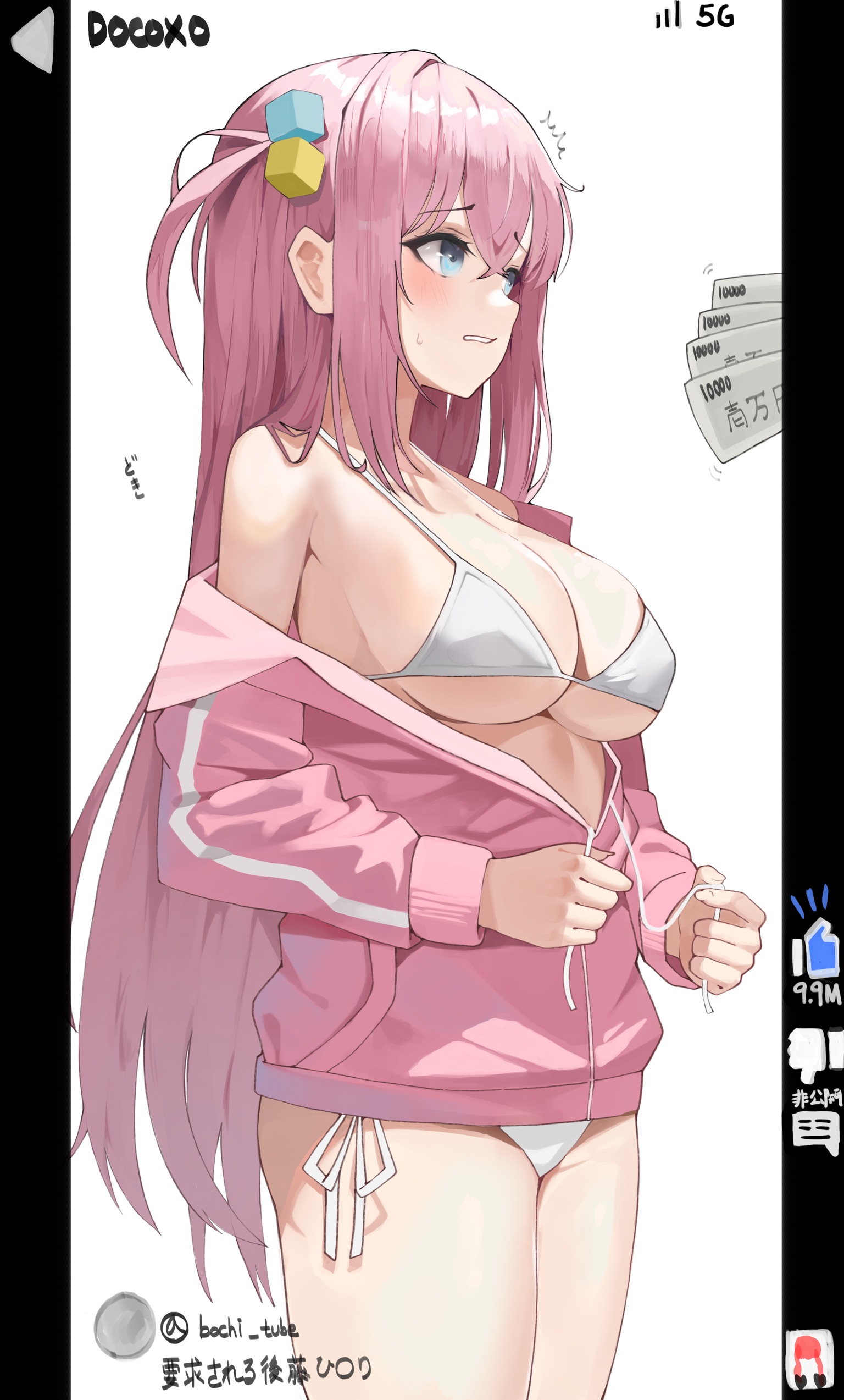 1girls, big breasts, blue eyes, bocchi the rock!, breasts, female, gotou hitori, huge breasts, huge thighs, long hair, pink hair, swimsuit, thighs