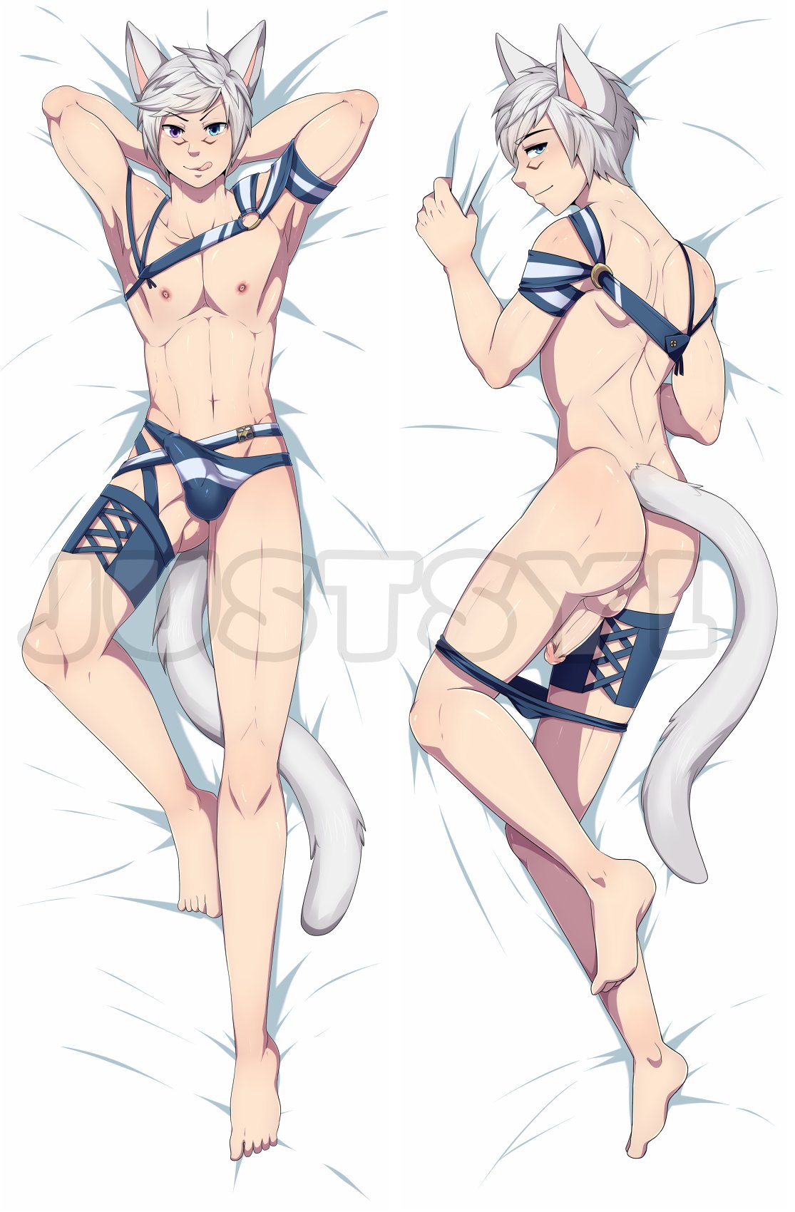 1boy animal_humanoid athletic athletic_male backsack balls bulge cat_humanoid clothed clothing cute_male dakimakura_design felid felid_humanoid feline feline_humanoid genital_outline genitals hair heterochromia hi_res humanoid humanoid_genitalia humanoid_penis justsyl male male_only mammal mammal_humanoid nipples penis penis_outline seductive skimpy skinny solo speedo swimwear tongue tongue_out twink underwear underwear_down watermark white_hair