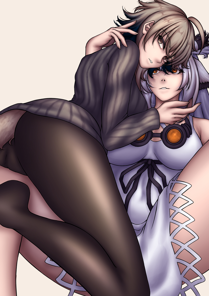 2girls aquaaqua arknights brown_hair female goggles goggles_around_neck mayer_(arknights) ptilopsis_(arknights) stockings tail white_hair