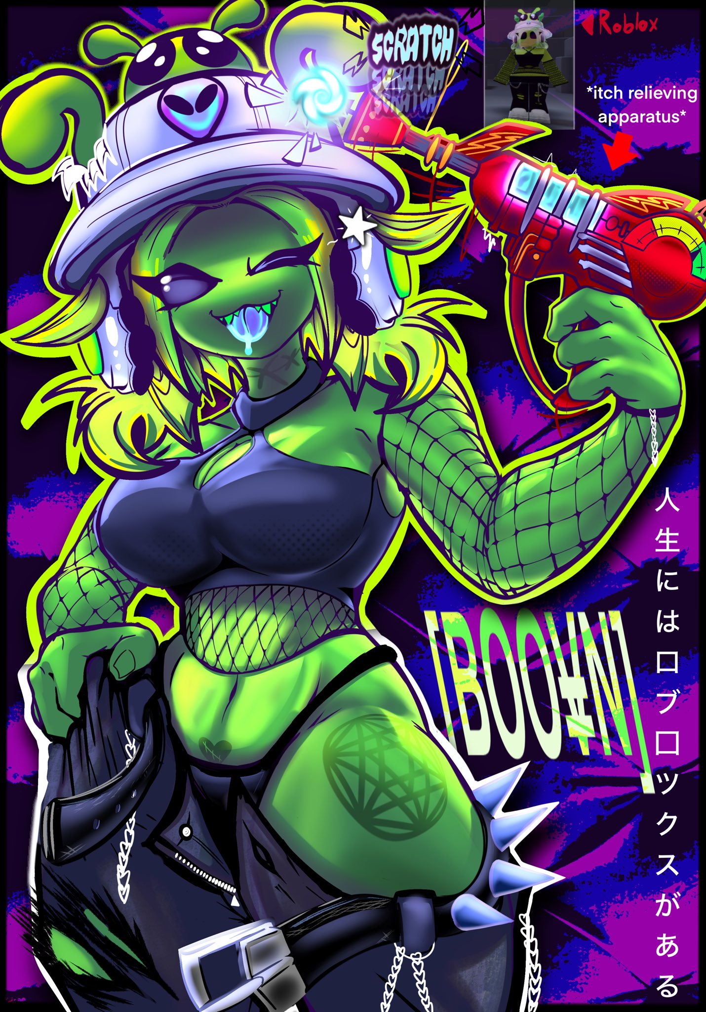 1girls, alien, alien girl, antennae (anatomy), baggy clothing, baggy pants, big breasts, blue tongue, boob window, booventhealien, breasts, female, female only, fishnets, gloopy (booventhealien), hair, hat, heart, looking at viewer, loose clothes, oversized clothes, panties, pants falling down, roblox, roblox avatar, sagging pants, spikes, star, streetwear, text, thong panties, tongue, tongue out, twitter, twitter link, twitter user oc