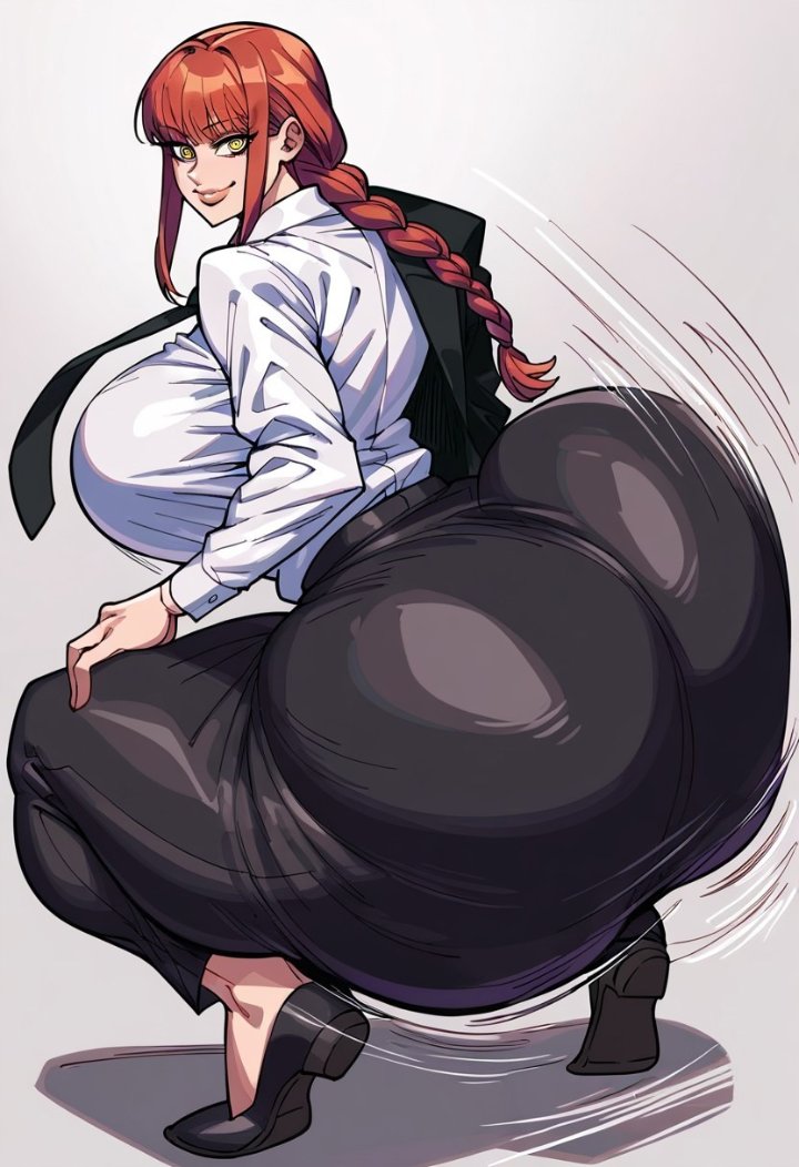 ai generated, big thighs, breasts, chainsaw man, clapping cheeks, clothes, fat ass, female, gigantic ass, hyper, makima (chainsaw man), massive breasts, mommy, thick thighs, voluptuous, voluptuous female, work uniform