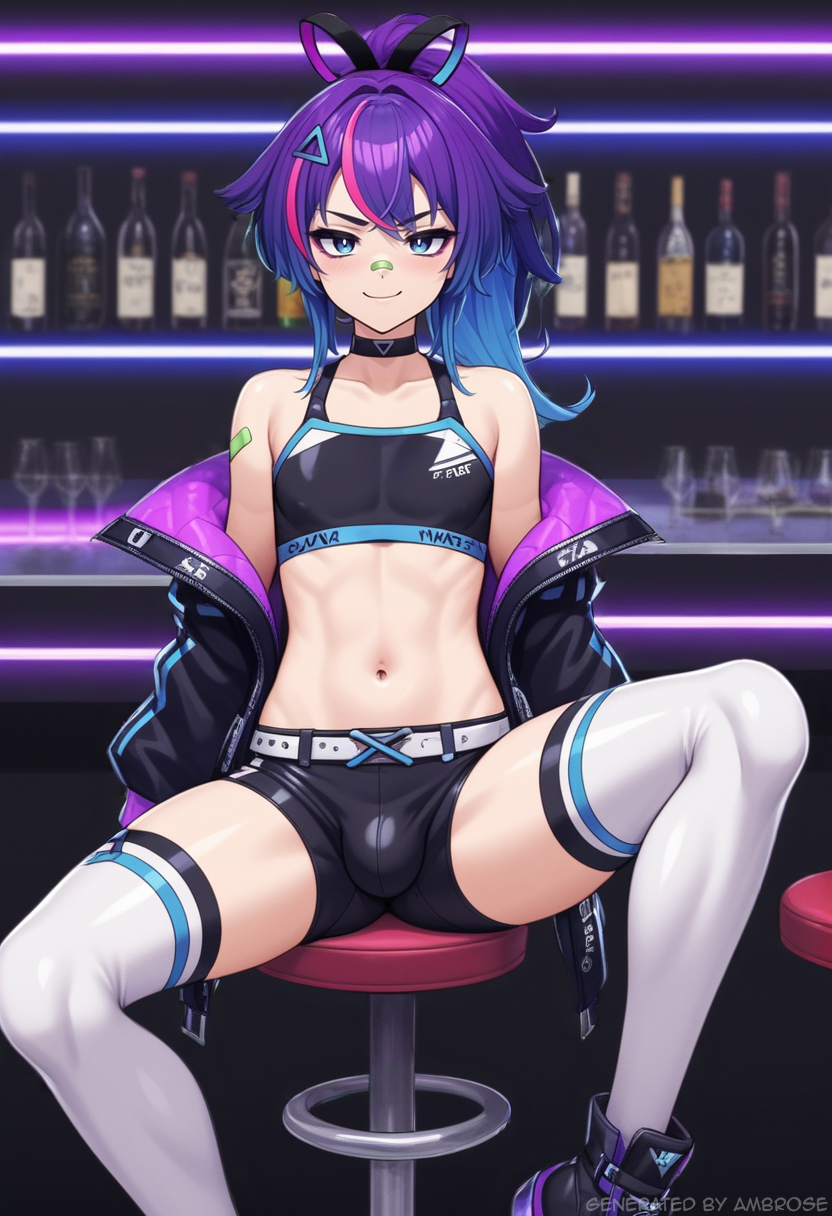 1boy ai_generated ambrose bar barstool blue_eyes brat bulge crop_top femboy genderswap_(ftm) hair_ribbon jacket legs_spread melody_(projektmelody) multicolored_hair off_shoulder ponytail projektmelody purple_hair rule_63 self_upload shorts smug_face stable_diffusion teasing thighhighs virtual_youtuber vshojo vtuber