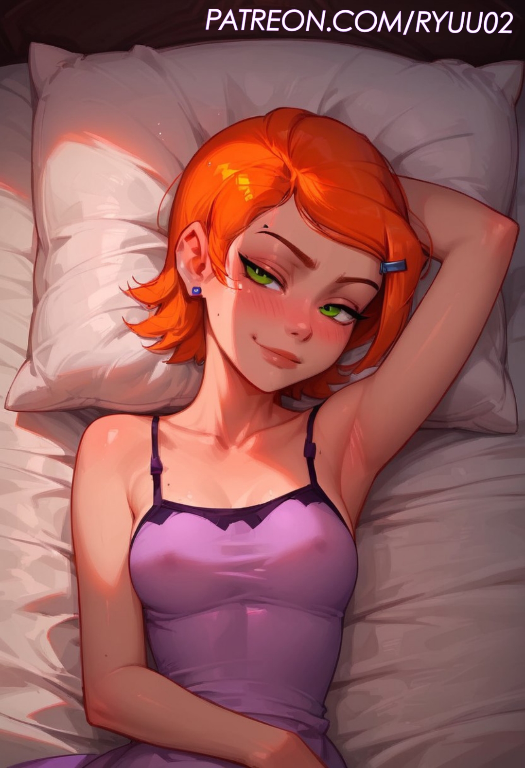 ai generated, ben 10, blush, breasts, female, gwen tennyson, gwen tennyson (classic), laying on bed, looking at viewer, medium breasts, orange hair, ryuuziken01, short hair, smile