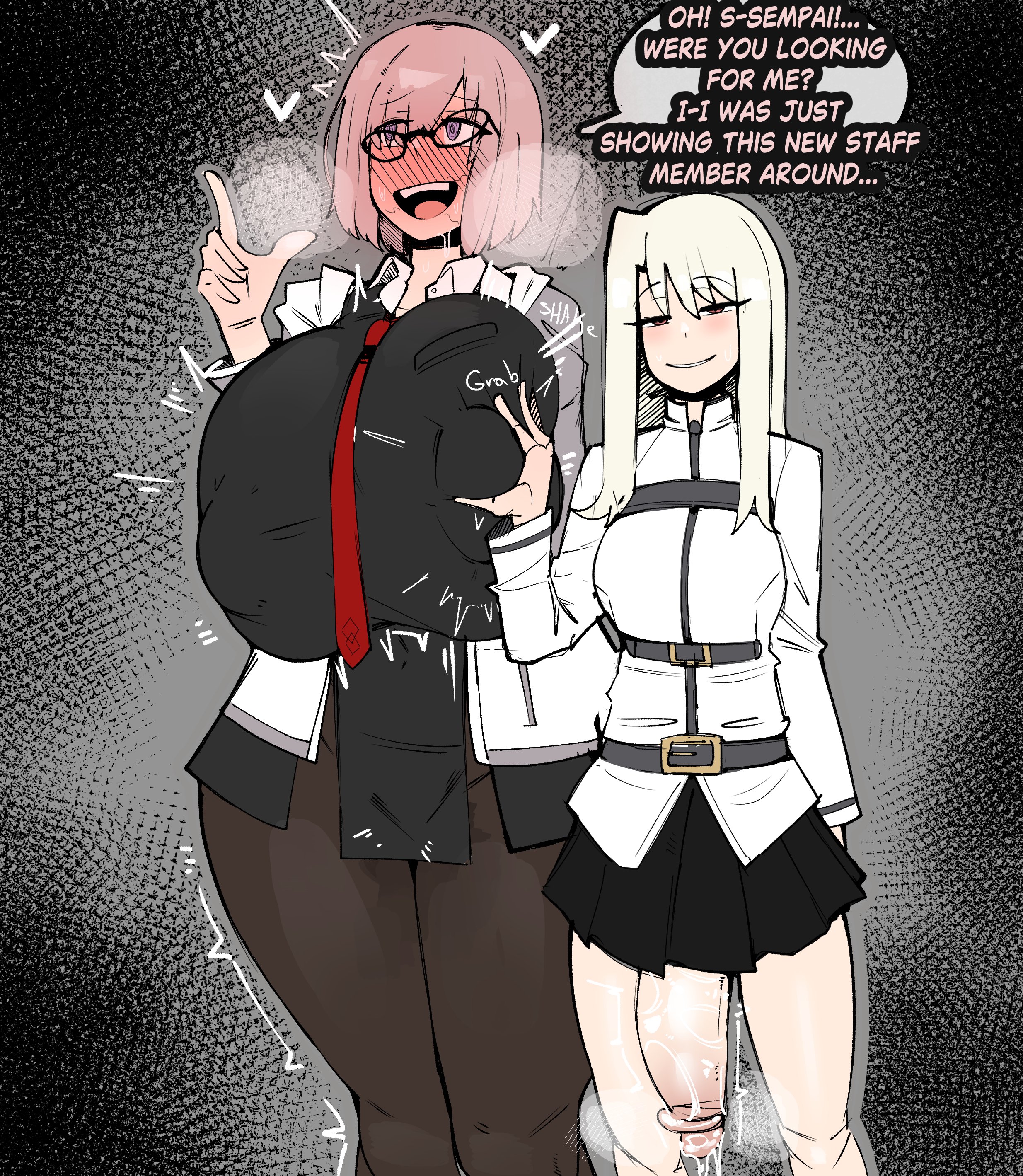 1futa, 1girls, after fellatio, after sex, blush, breast grab, breasts, cheating, clothed after sex, cucked by futa, dialogue, duo, fate (series), fate/grand order, female, futa with female, futanari, gigantic breasts, gigantic penis, groping, huge breasts, huge cock, human, illyasviel von einzbern, implied cheating, implied netorare, intersex, josebonn, large breasts, larger female, light-skinned female, light-skinned futa, mash kyrielight, massive breasts, netorare, penis, pink hair, pubes, pubes on face, purple eyes, red eyes, size difference, small but hung, small dom big sub, smaller futa, smug, stray pubic hair, text, white hair