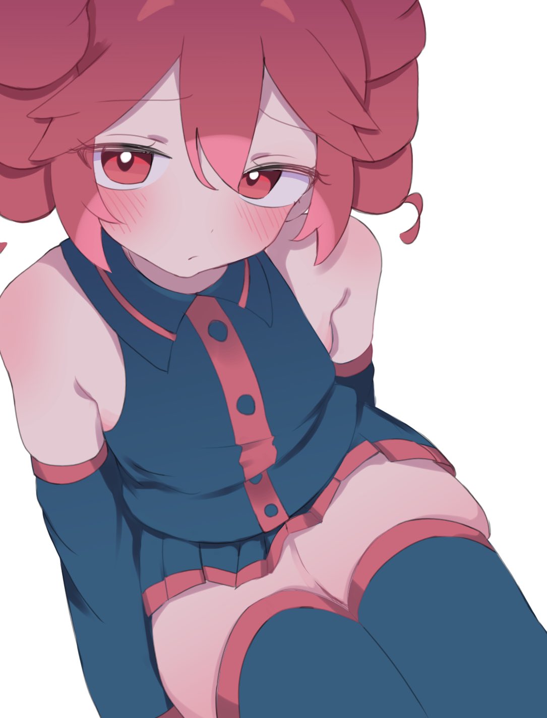 1girls 2d 2d_(artwork) bare_shoulders blush female female_only high-angle_view kasane_teto looking_at_viewer red_eyes red_hair short_skirt skindentation skirt solo thick_thighs thighhighs thighs twin_drills ur_(ur_o_) utau