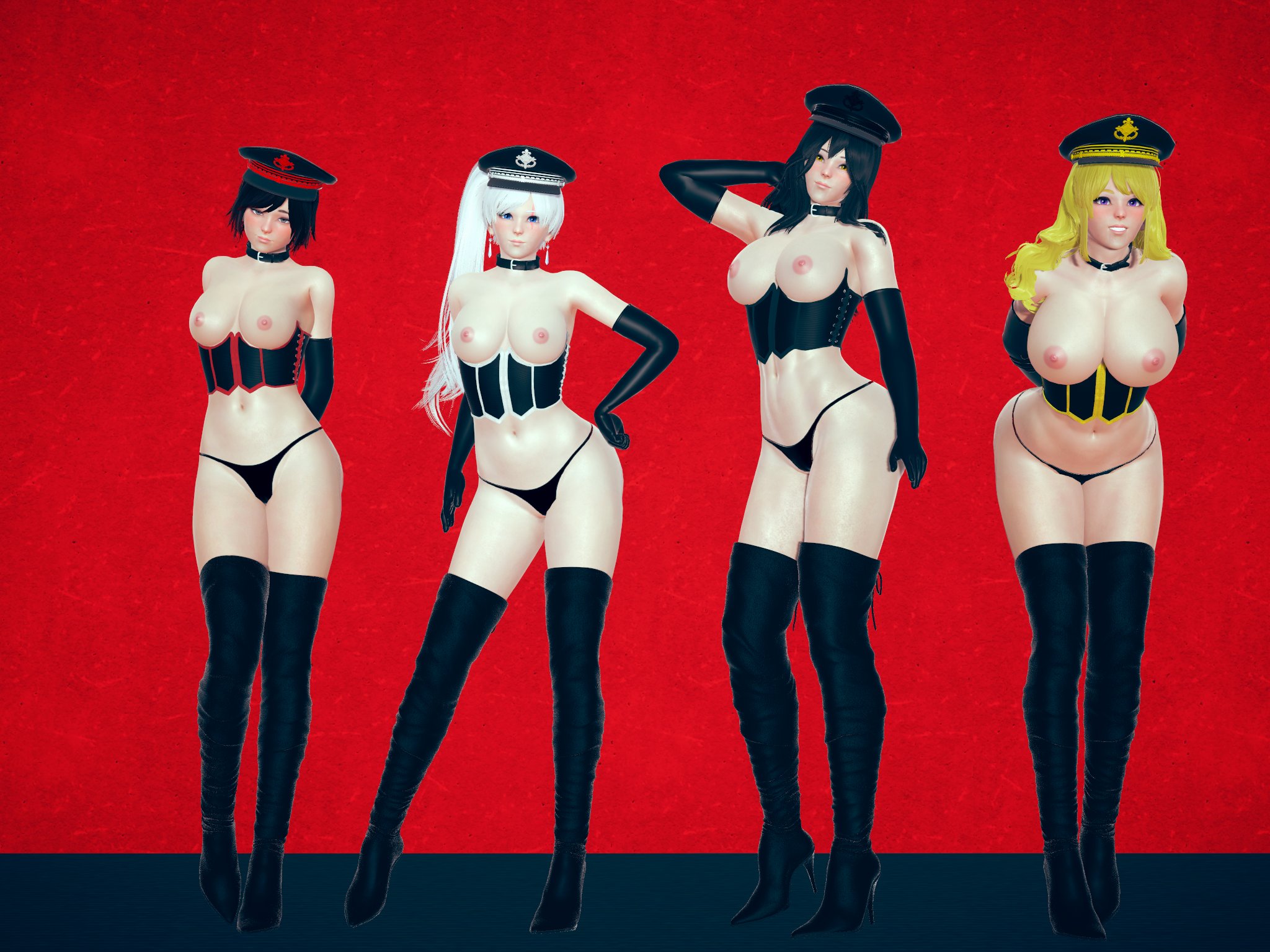 3d, 3d (artwork), aged up, amateur artist, big breasts, black hair, blake belladonna, blonde female, blonde hair, blonde-haired female, boots, breasts, breasts out, brown hair, brunette hair, c.anon, choker, dominant, dominant female, dominatrix, elbow gloves, faunus, female, female domination, female focus, female only, femdom, high heel boots, high heels, human, jadenkaiba, latex, latex gloves, leather, leather thighhighs, long gloves, long hair, long-haired female, looking at viewer, multiple females, multiple girls, nipples, rooster teeth, ruby rose, rwby, seducing, seduction, seductive, seductive pose, short hair, short-haired female, team rwby, tease, teasing, thighhighs, viz media, weiss schnee, white hair, yang xiao long