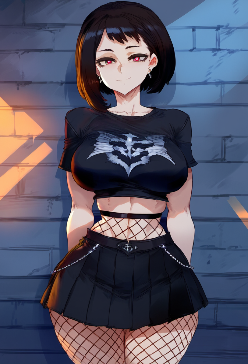 1girls ai_generated aksn bare_thighs big_breasts black_hair brown_eyes clothed clothing color female female_focus female_only fit_female goth goth_clothing goth_girl heart-shaped_pupils hi_res large_breasts light-skinned_female light_skin looking_at_viewer my_hero_academia ochako_uraraka short_hair solo solo_female tagme thick_thighs