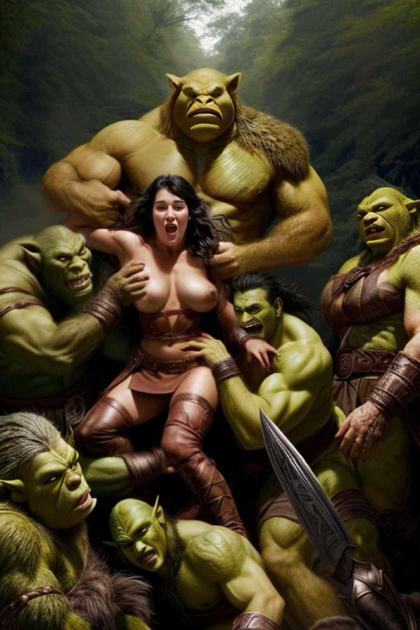 ai_generated bengassi breast_grab broken_armor captured_heroine defeated_heroine fondling_breast green_skinned_male human_female imminent_rape imminent_sex interspecies monster_gangrape monster_rape multiple_boys orc_male orced