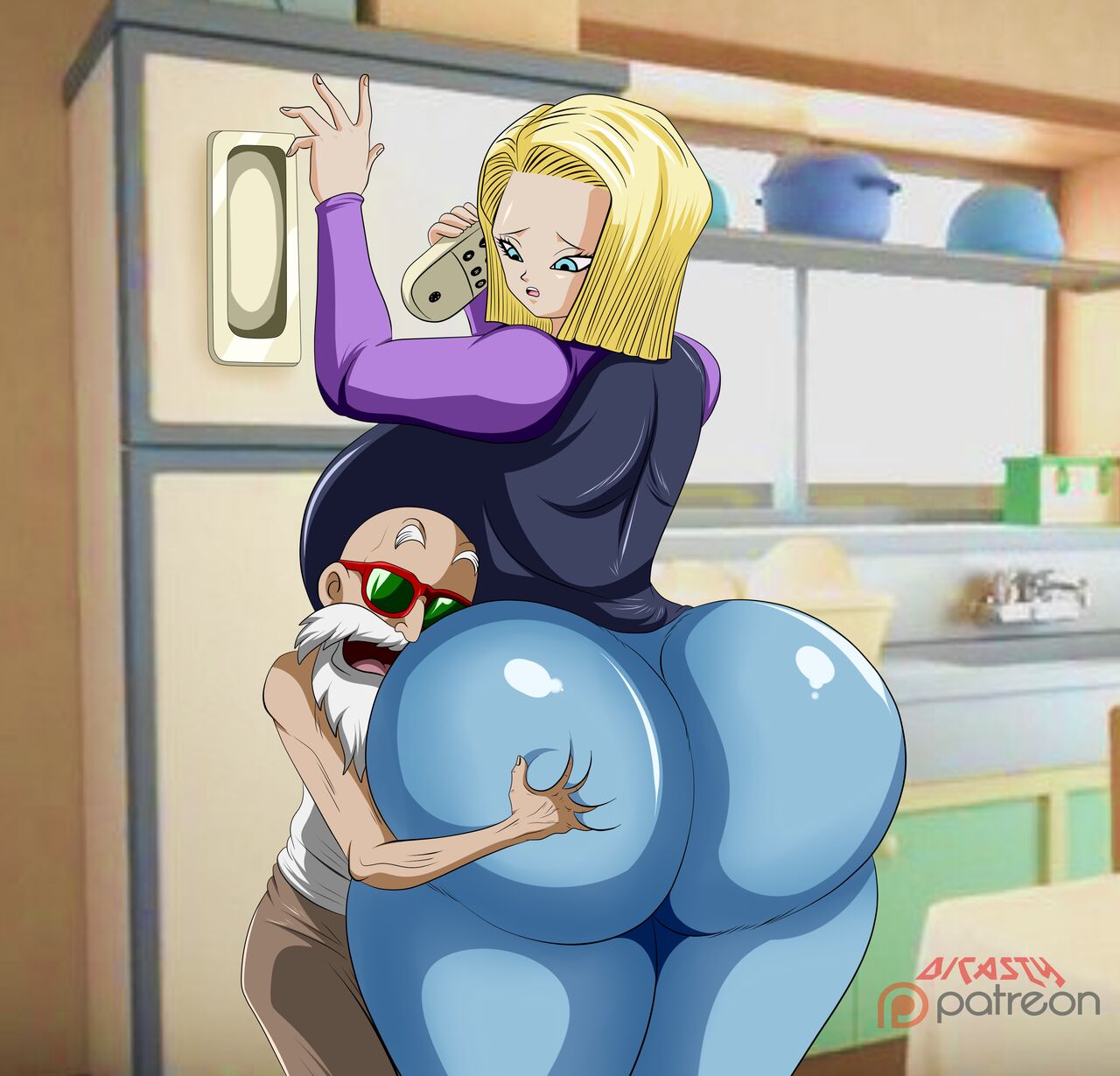 android_18 ass_grab blonde_female blonde_hair dicasty dragon_ball_z grabbing_ass muten_roushi