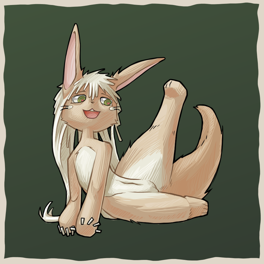 1girls 2d 2d_(artwork) anthro claws comfortik female fur furry furry_female furry_tail green_eyes humanoid long_ears looking_at_pussy lying lying_on_floor made_in_abyss naked naked_female nanachi one_leg_up paws pussy rabbit_ears rabbit_teeth simple_background slim slim_waist smile smiling solo solo_female tagme tail white_hair