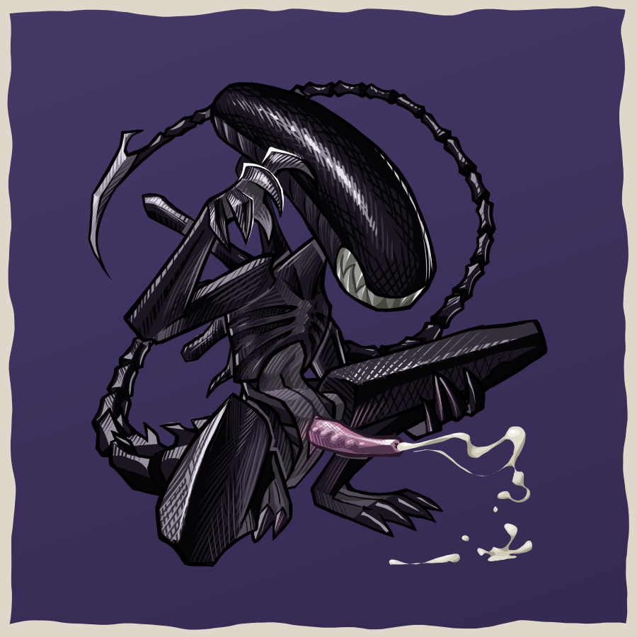 1boy 2d 2d_(artwork) alien_(franchise) black_body claws comfortik cum cumming cumshot drone_xenomorph fangs long_tail male male_xenomorph naked no_eyes orgasm penis penis_out pink_penis reptile ribs sharp_tail sharp_teeth simple_background smile solo solo_male tagme tale unusual_anatomy unusual_penis xenomorph