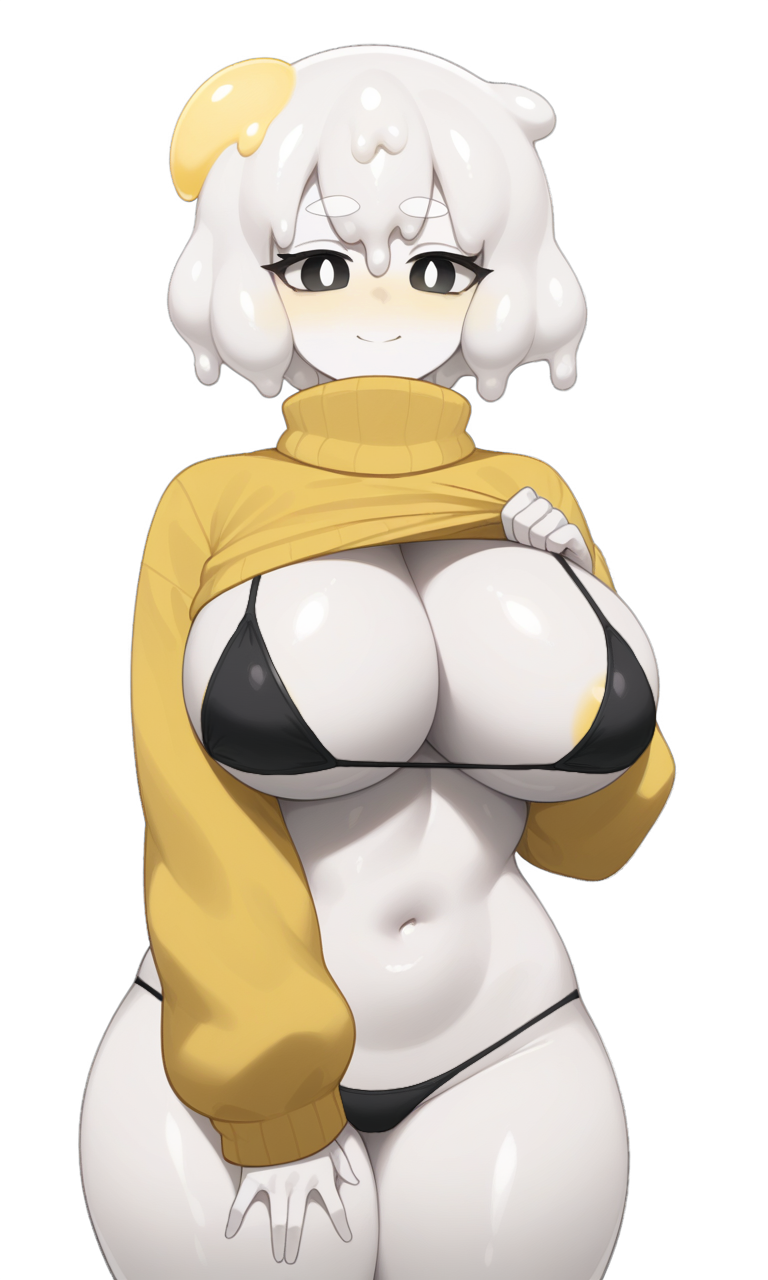 big_breasts bikini black_eyes blush clothed_female egg egg_(lemyawn) food_creature knightnyan navel short_hair smile sweater white_background white_hair white_skin