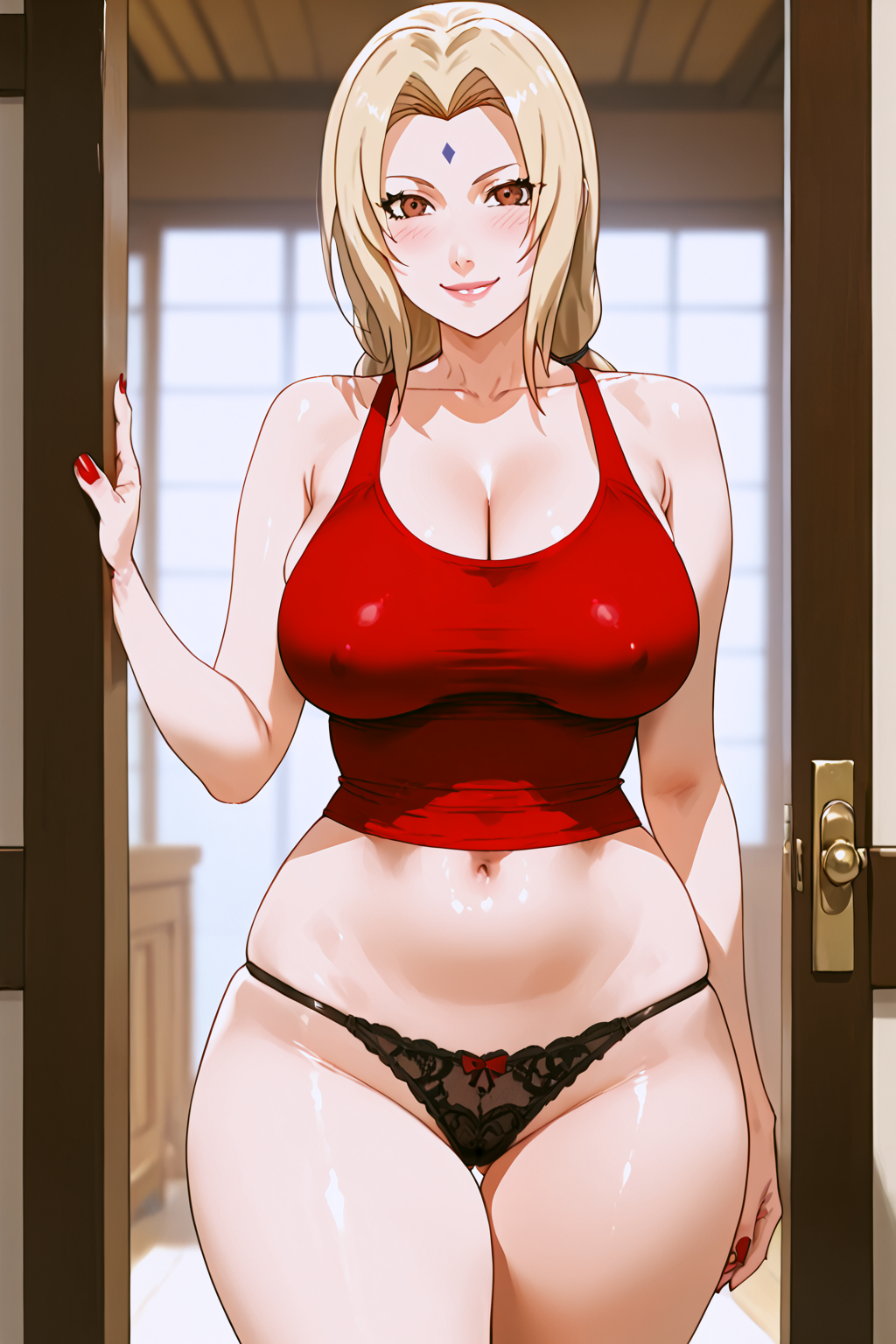 ai_generated blush breasts door doorway huge_breasts lingerie milf naruto naruto_(series) naruto_shippuden nipples_visible_through_clothing open_door panties shiny_skin thick_thighs tsunade