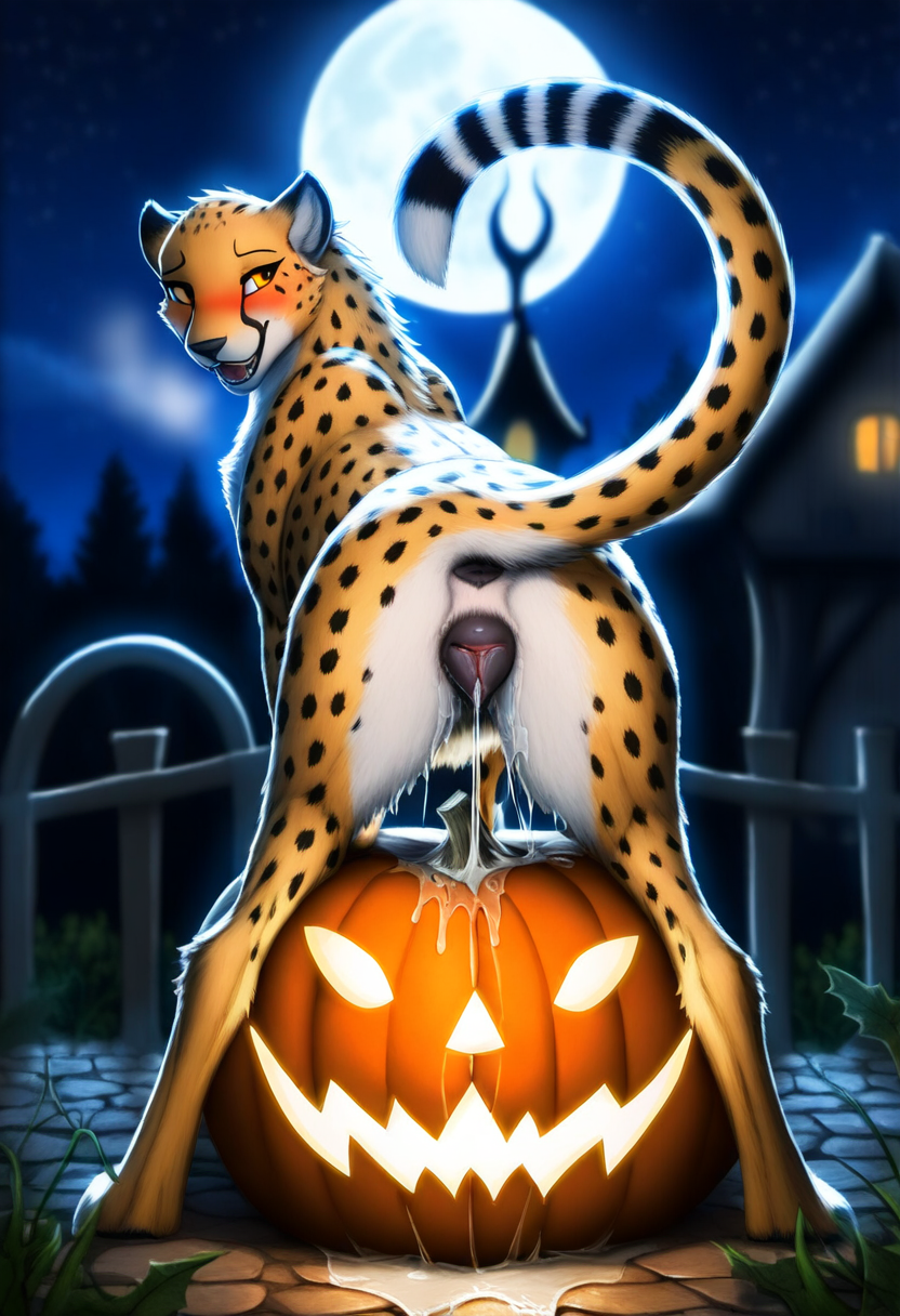 ai_generated anatomically_correct_genitalia anatomically_correct_pussy animal_ears anus_peek bats bedroom_eyes blush canine_genitalia canine_pussy cheetah cheetah_ears cheetah_tail cookie-girl ears_up excessive_pussy_juice fera_(oc) feral_only full_moon graveyard happy_female happy_sub in_heat jack-o'-lantern moon night_sky orange_fur paws presenting_anus presenting_ass presenting_butt presenting_hindquarters presenting_pussy pumpkin pussy_juice pussy_juice_drip pussy_juice_puddle smile submissive submissive_female submissive_pose tail