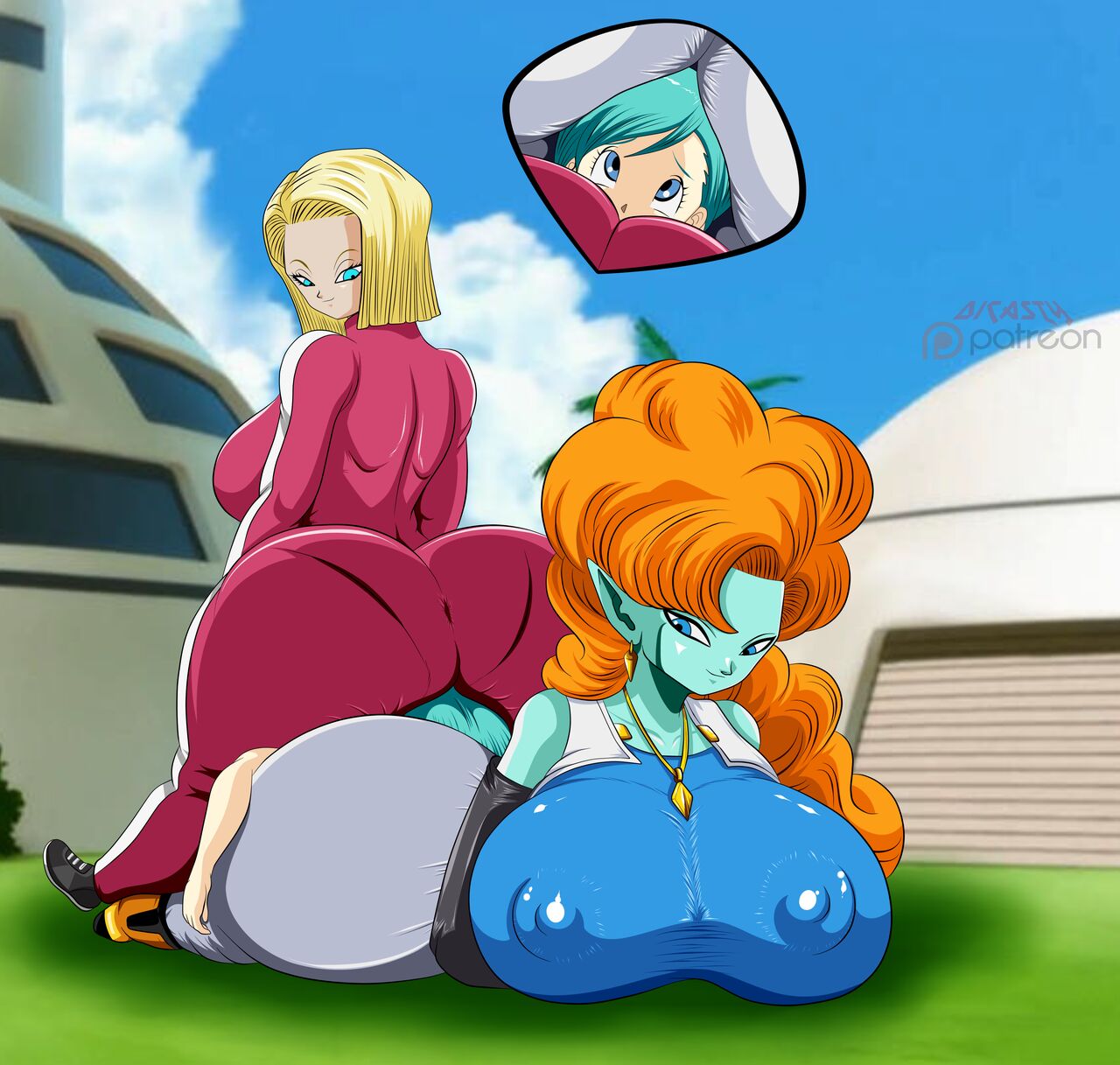 3girls android_18 ass_focus ass_on_face bulma_briefs dicasty dragon_ball_z sandwiched zangya