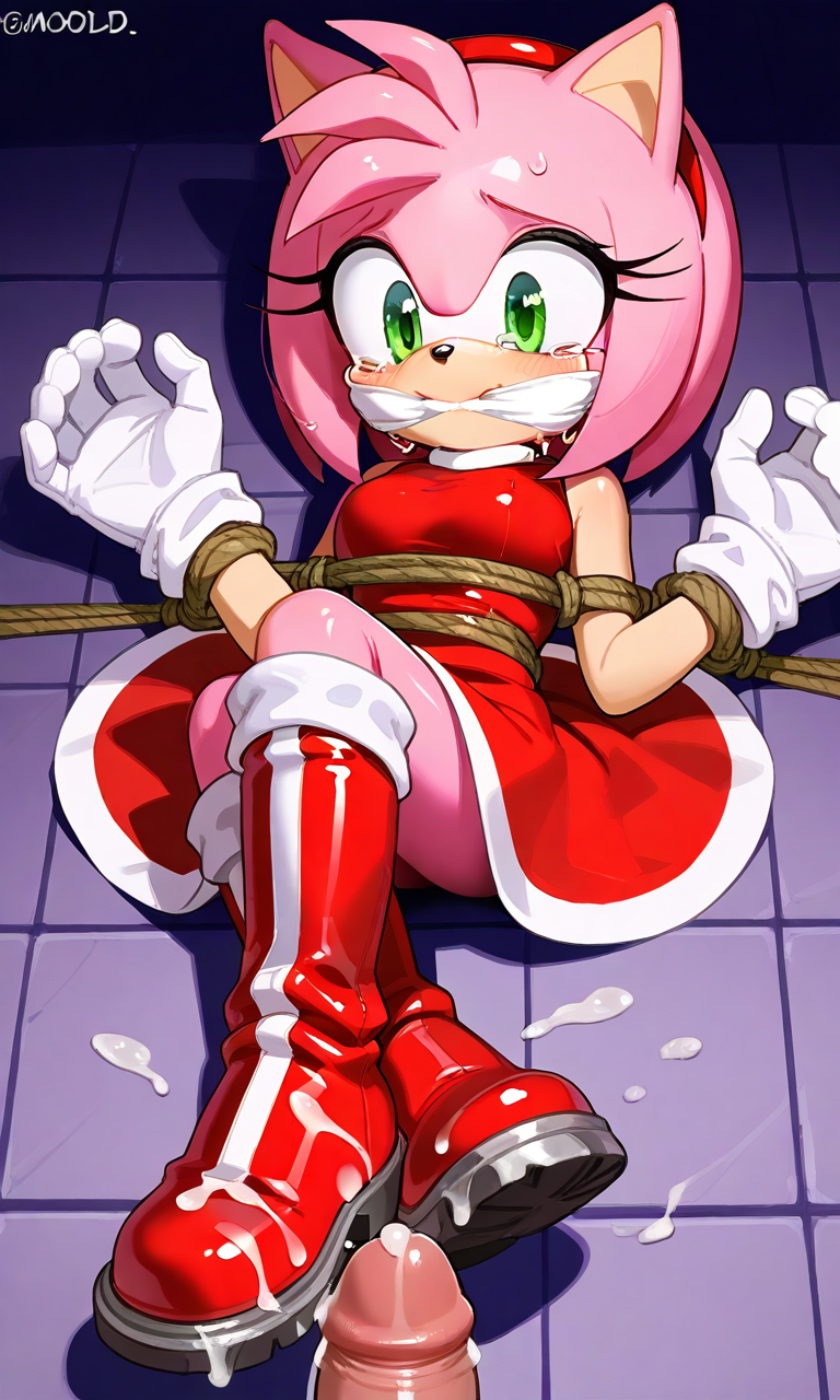 ai_generated amy_rose bootjob boots cum_on_boots gagged patent_boots pink_body sonic_(series) sonic_the_hedgehog_(series) tied_up