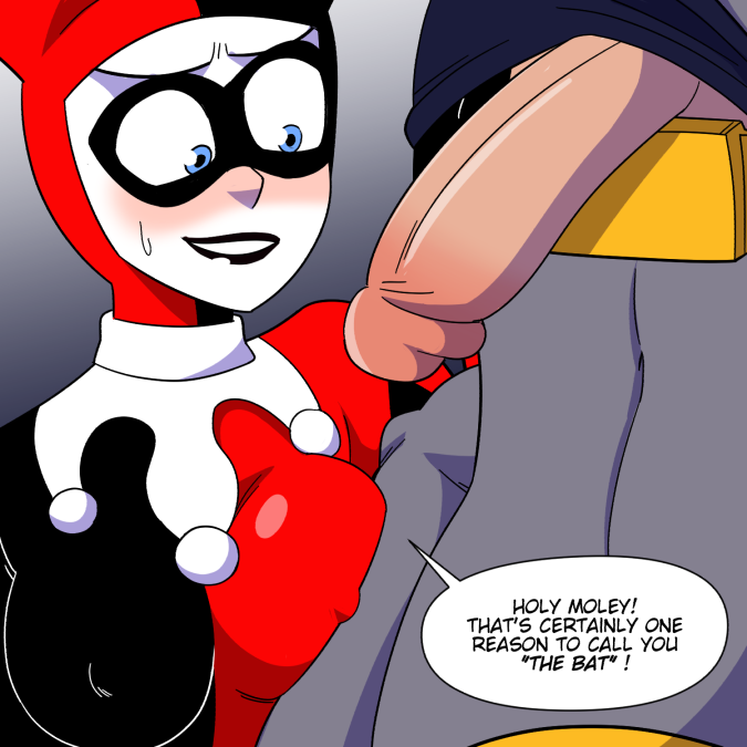 batman, batman (bruce wayne), batman (series), batman: the animated series, blue eyes, blush, breasts, bruce wayne, covered nipples, dc, dc comics, dcau, enemies, enemies with benefits, face paint, female, harley quinn, harley quinn (classic), hat, jester cap, male, mask, penis, penis awe, shamefuldisplay, straight, sweatdrop, text, uncensored, upside-down