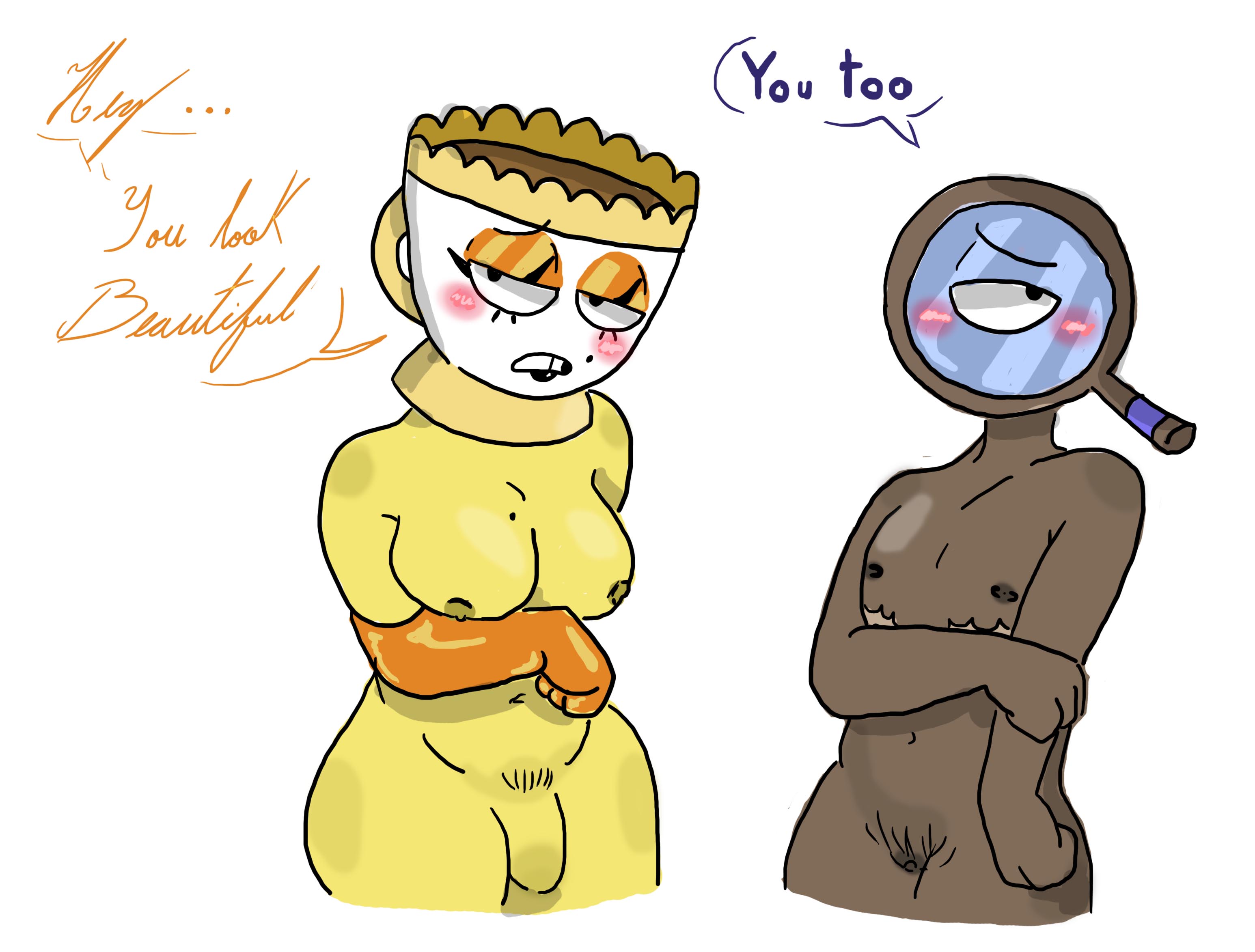 1cuntboy, 1futa, blush, cuntboy, dandy's world, dumpw, futanari, intersex, nervous, rodger (dandy's world), shy, teagan (dandy's world)
