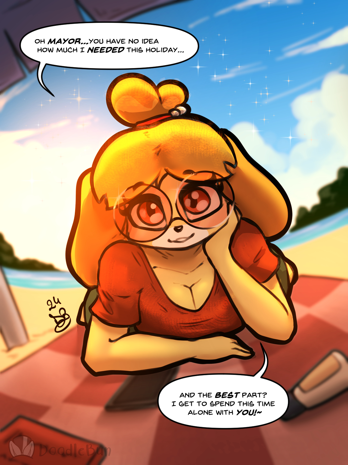 1girls, animal crossing, animal humanoid, anthro, breasts, canid, canine, cleavage, clothed, clothing, eyelashes, female, female only, fur, furry, isabelle (animal crossing), looking at viewer, mrdoodlebun, nintendo, romantic, talking to viewer, wholesome