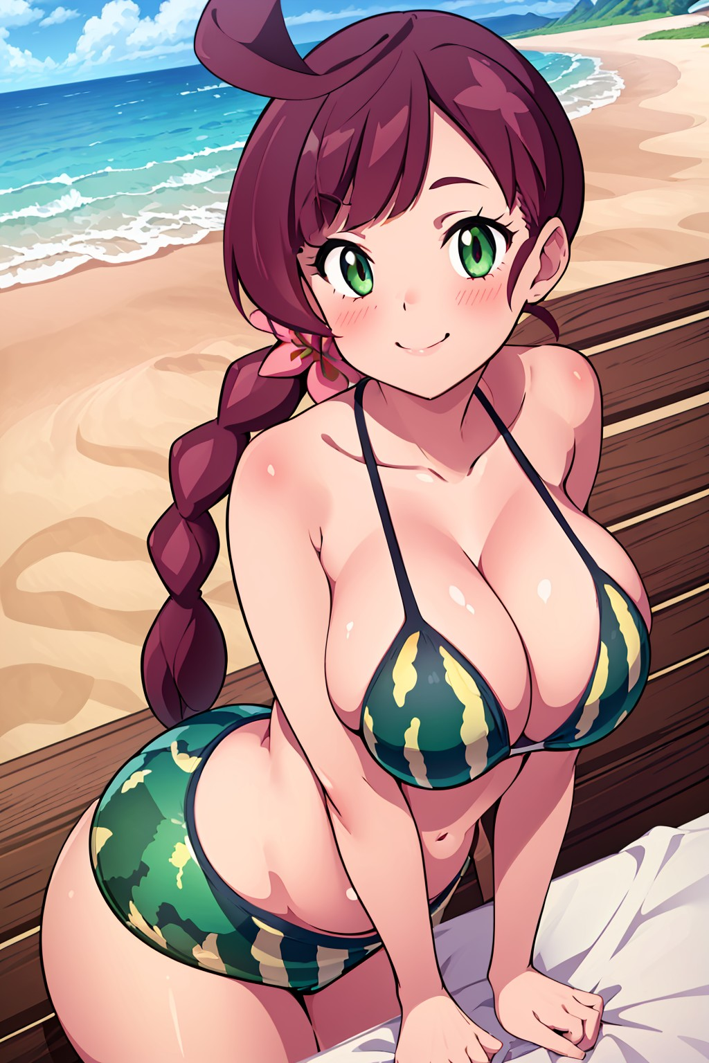 1girls ai_generated beach beach_background belly belly_button big_breasts bikini blush braid braided_hair breasts camouflage_bikini chloe_(pokemon) cleavage collarbone female female_focus female_only game_freak gamefreak green_bikini green_eyes large_breasts light-skinned_female light_skin long_hair nintendo ocean ocean_background pokemon pokemon_(anime) pokemon_journeys purple_hair revealing_clothes ryuzam sideboob single_braid solo standing thick_thighs thighs thin_waist