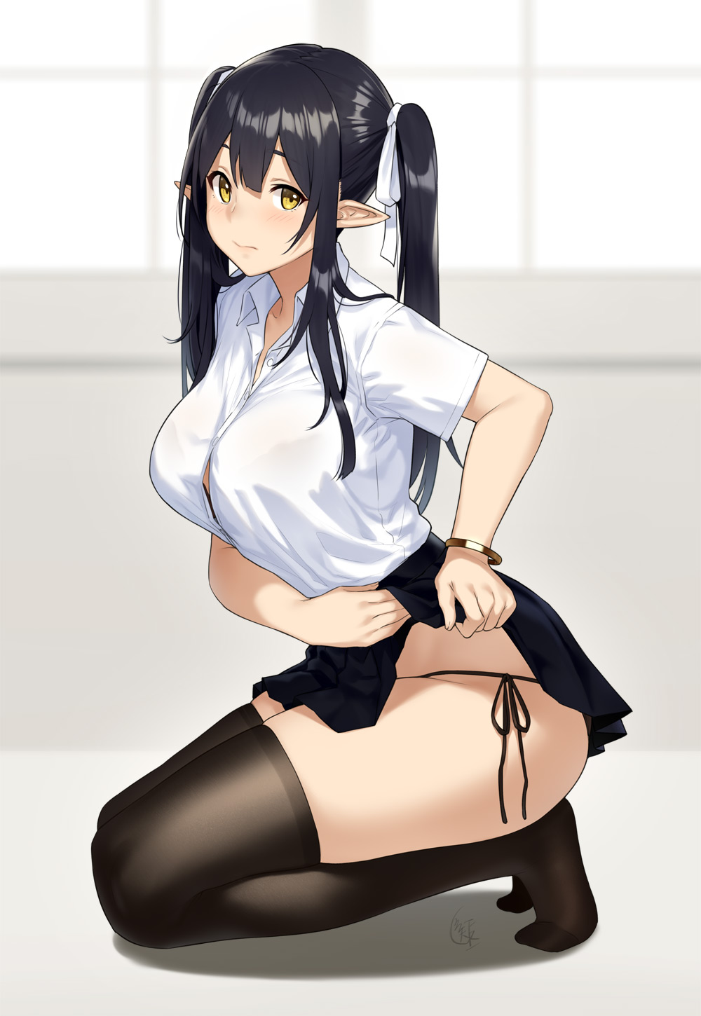 1girls artist_signature black_hair blush breasts button_shirt clothed elf elf_(houtengeki) female fully_clothed houtengeki kneeling legs_together long_hair looking_at_viewer no_shoes pleated_skirt pointy_ears short_skirt side-tie_panties side_view skindentation skirt skirt_lift solo straining_buttons thighhighs thighs twintails white_background yellow_eyes