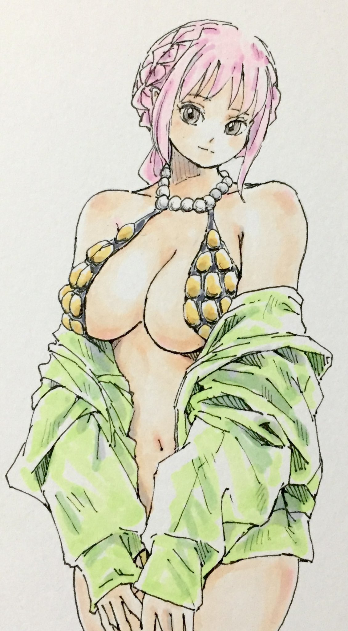 bare_legs bare_shoulders black_eyes braid braided_ponytail breasts cleavage female female_only highres jacket large_breasts long_hair looking_at_viewer navel one_piece open_clothes open_jacket puipui rebecca_(one_piece) revealing_clothes shiny_skin single_braid smile standing traditional_media unworn_jacket very_long_hair