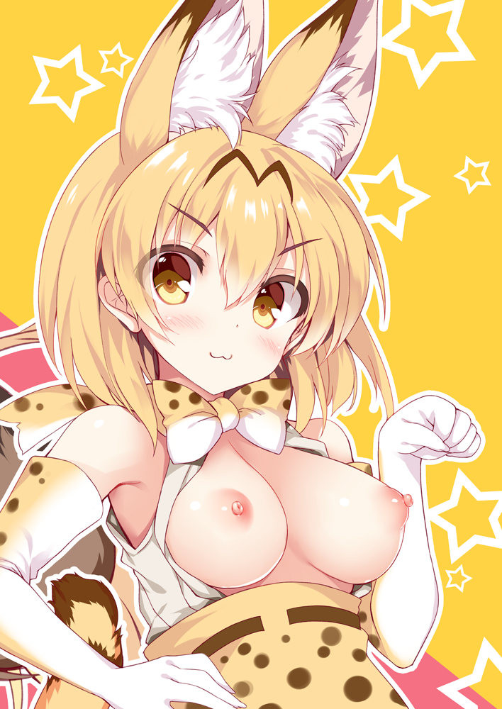 >:3 :3 animal_ears bare_shoulders blonde_hair blush bow bowtie breasts breasts_out elbow_gloves extra_ears eyebrows_visible_through_hair eyes_visible_through_hair female gloves hair_between_eyes hand_on_hip high-waist_skirt kemono_friends looking_at_viewer medium_breasts multicolored multicolored_background nipples open_clothes open_shirt paw_pose pink_background print_bowtie print_gloves print_skirt sample serval_(kemono_friends) serval_ears serval_print serval_tail shirt short_hair skirt sleeveless sleeveless_shirt solo star starry_background tail tateha_(marvelous_grace) two-tone_background upper_body white_shirt yellow_background yellow_eyes