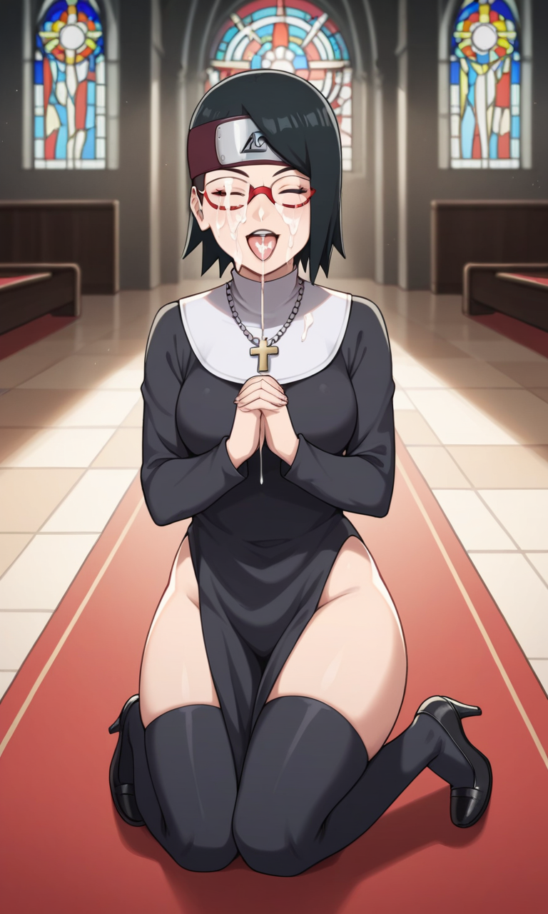 ai_generated barefoot bigmic145 black_eyes black_hair boruto:_naruto_next_generations breasts clothed clothed_female clothing female female_only glasses high_heels medium_breasts milk naruto naruto_(series) nun sarada_uchiha solo solo_female thighhighs