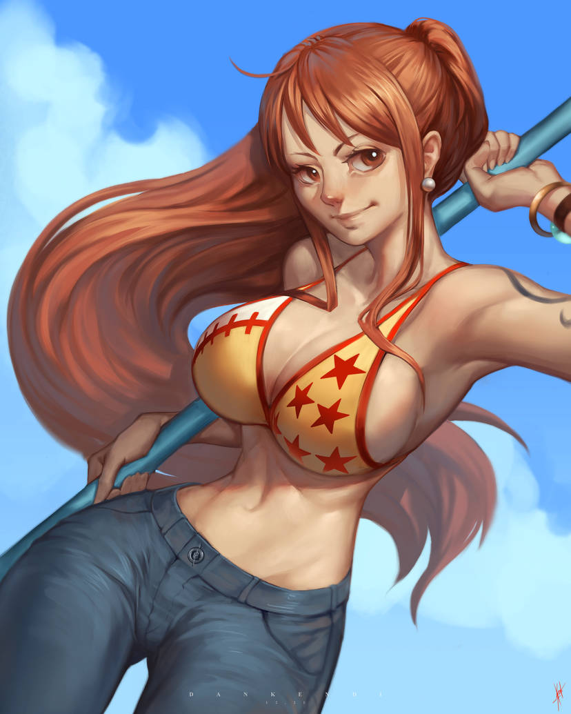 1girls bikini bra bracelets breasts brown_eyes clouds dankendi earrings female female_only holding_staff jeans large_breasts looking_at_viewer midriff nami nami_(one_piece) navel one_piece orange_hair outside ponytail staff tattoo tattooed_arm yellow_bra