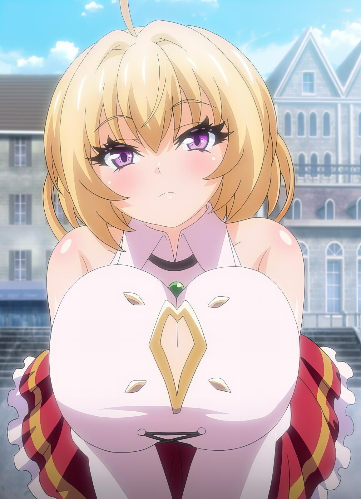 1girls anime_screencap bent_over big_breasts blonde_hair blush breasts busty city cleavage clothed clothing eyebrows eyelashes female female_only heroine huge_breasts large_breasts light-skinned_female light_skin looking_at_viewer majin_label massive_breasts outdoors outside ova pale-skinned_female pale_skin plump princess public purple_eyes revealing_clothes screencap screenshot short_hair skirt yuusha-hime_miria