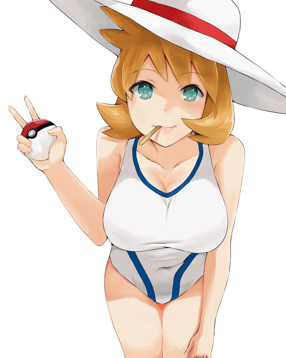 1girls 2017 cleavage eating_food eyebrows_visible_through_hair holding_object ice_cream j@ck kasumi_(pokemon) looking_at_viewer nintendo one_piece_swimsuit pokeball pokemon pokemon_gsc pose short_hair smiling smiling_at_viewer solo solo_focus standing straw_hat swimsuit thighs v_sign white_background