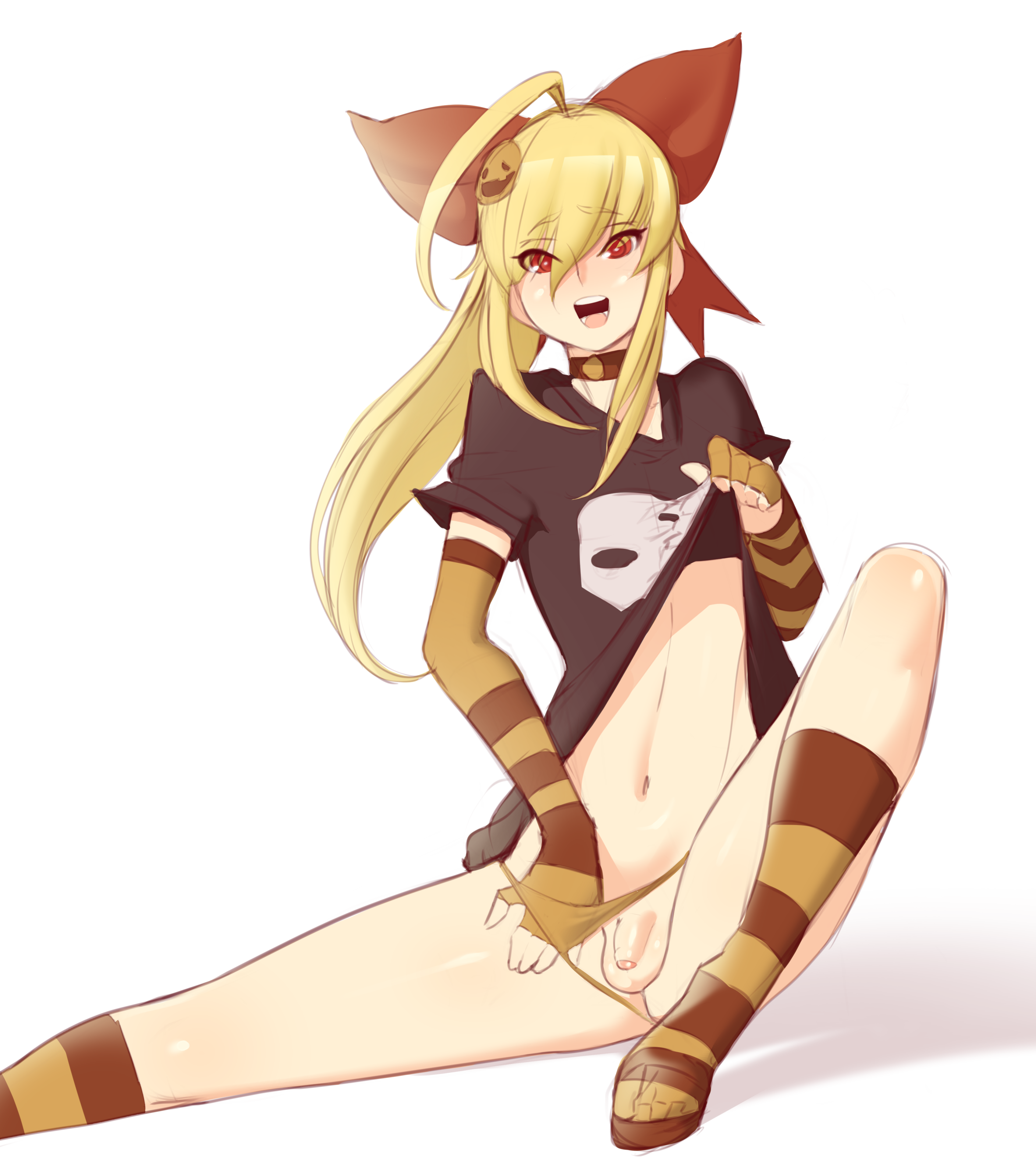 1boy, balls, black shirt, blonde hair, crossdressing, elbow gloves, femboy, flaccid, girly, hair ribbon, highres, male, male only, necrosmos, nemesis (necrosmos), open mouth, original, penis, red eyes, ribbon, seated, simple background, sitting, small penis, solo, stockings, testicles, tied hair, trap, white background