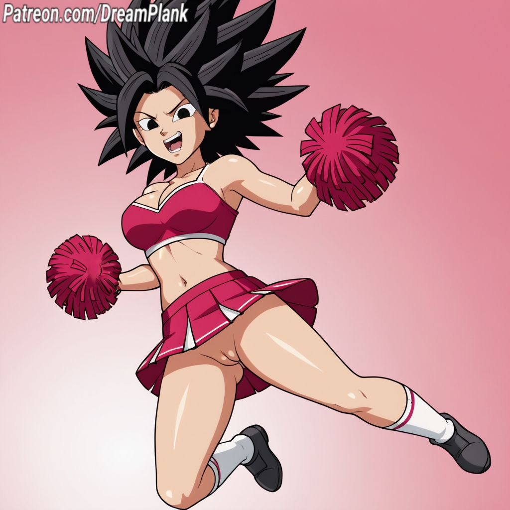 ai_generated black_hair caulifla cheerleader dragon_ball_super dreamplank pussy simple_background