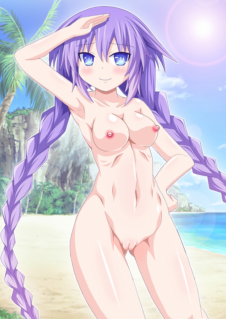 1girls areolae beach blue_eyes blush braid breasts closed_mouth completely_nude contrapposto cowboy_shot erect_nipples female hair_ornament hand_on_hip kagerou_(kers) long_hair midriff naked navel neptune_(neptunia) neptunia_(series) nipples nude outdoors purple_hair purple_heart_(neptunia) pussy ribbon solo stomach sun tied_hair twin_braids uncensored very_long_hair