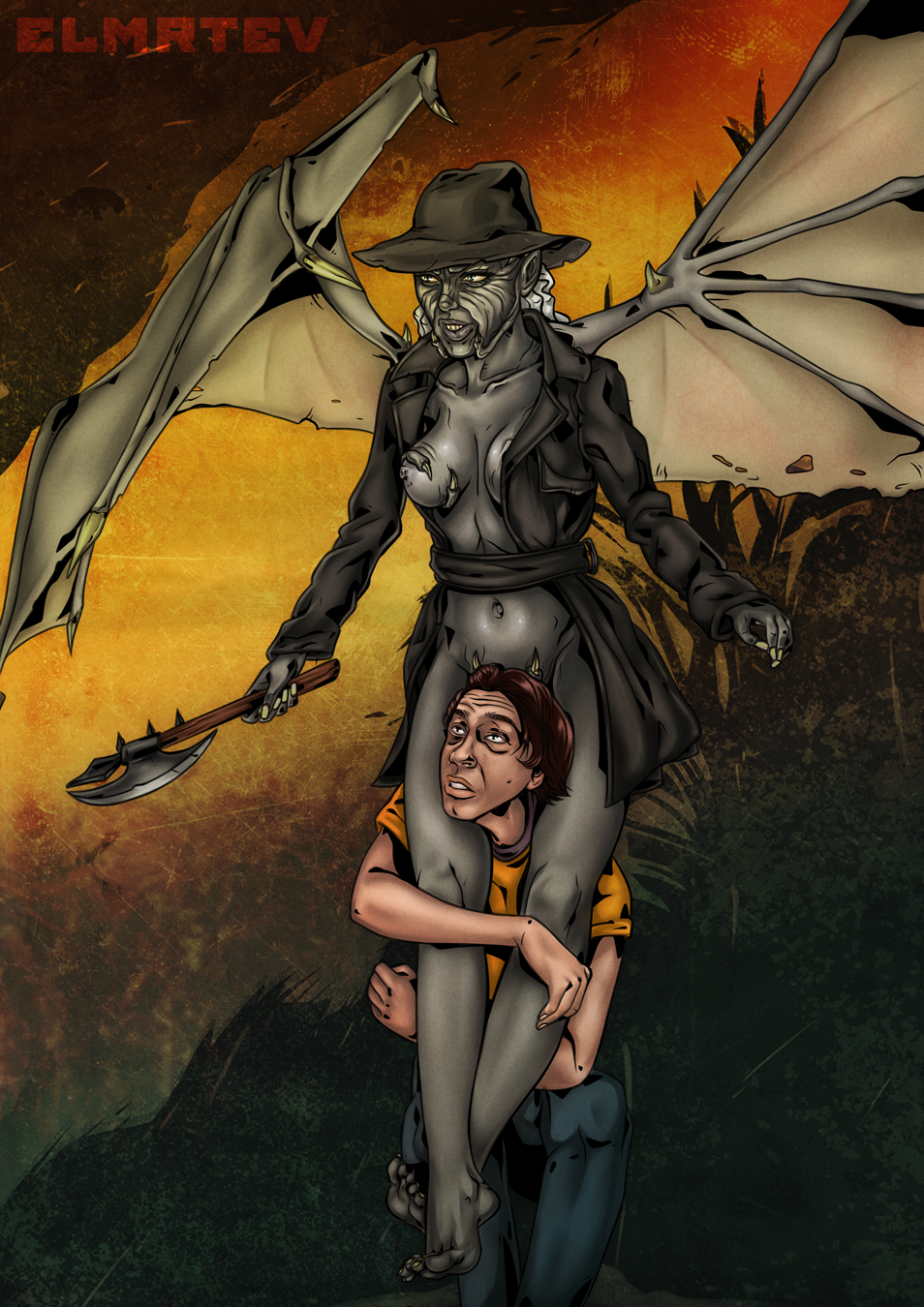 1boy breasts darry_jenner elmrtev female grey_skin hat jeepers_creepers legs_around_head male monster_girl nightmare_waifu nipples rule_63 the_creeper_(jeepers_creepers) wings