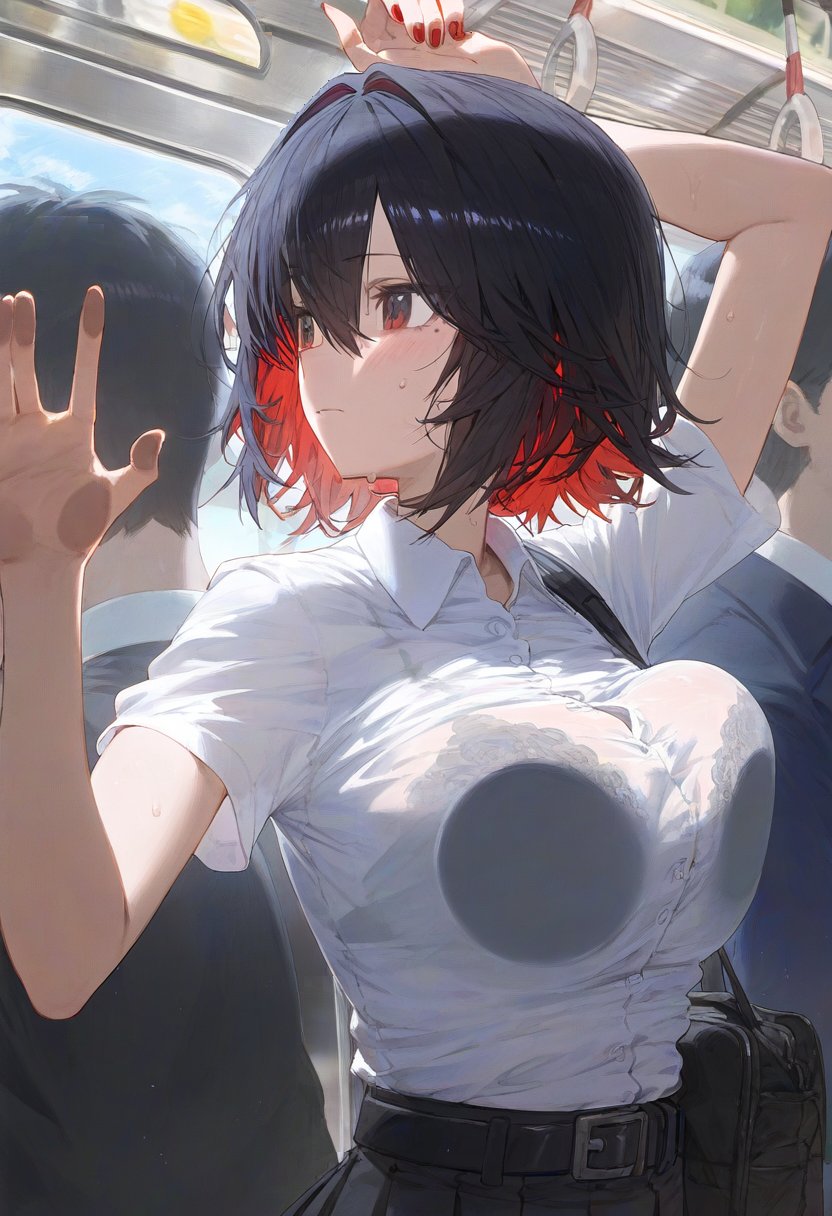 ai_generated big_breasts black_hair bra breast_focus breast_press breasts breasts_on_glass ellen_joe hoyoverse red_hair see-through see-through_clothing shark shark_girl sweat sweaty zenless_zone_zero