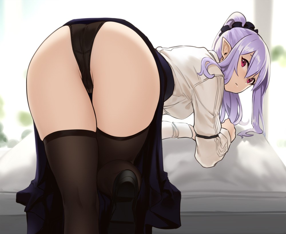 ass, bent over, elf, female, houtengeki, looking back, panties, pointy ears, ponytail, purple hair, solo, thighhighs