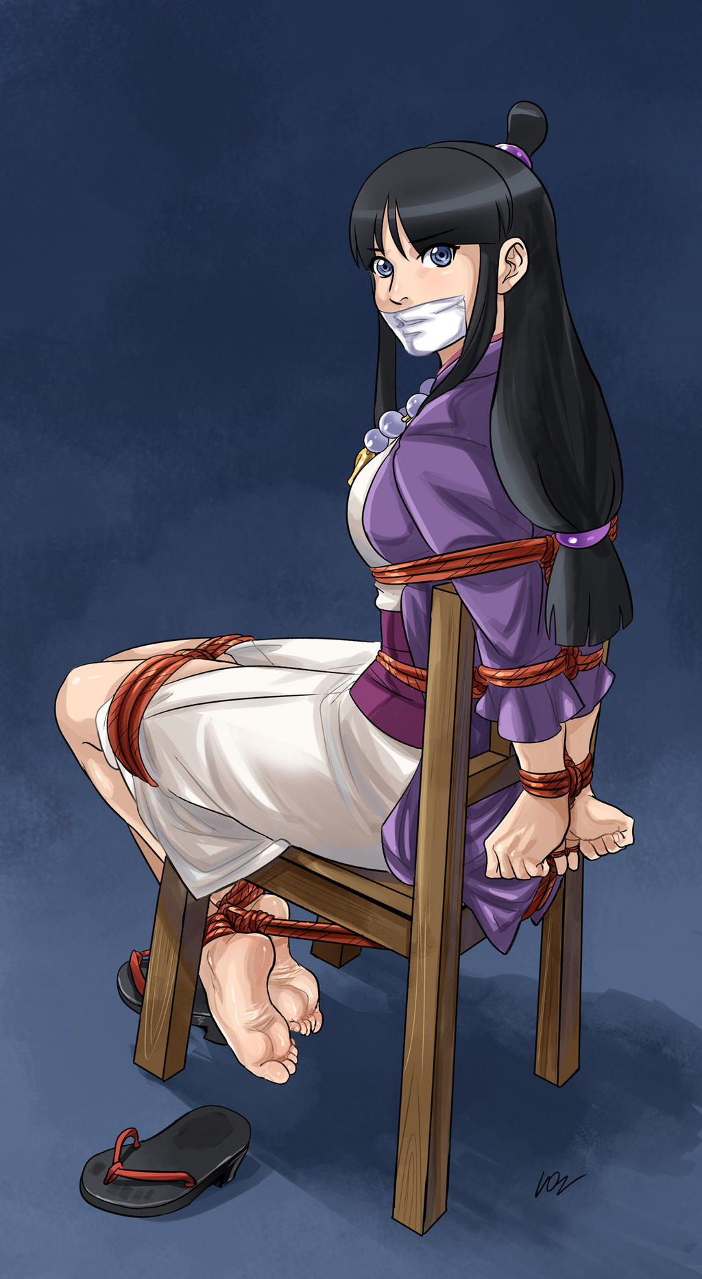 black_hair bondage bound capcom chair chair_bondage female female_focus female_only footprint_on_sandals gyakuten_saiban human humanoid maya_fey on_chair sandals sandals_removed